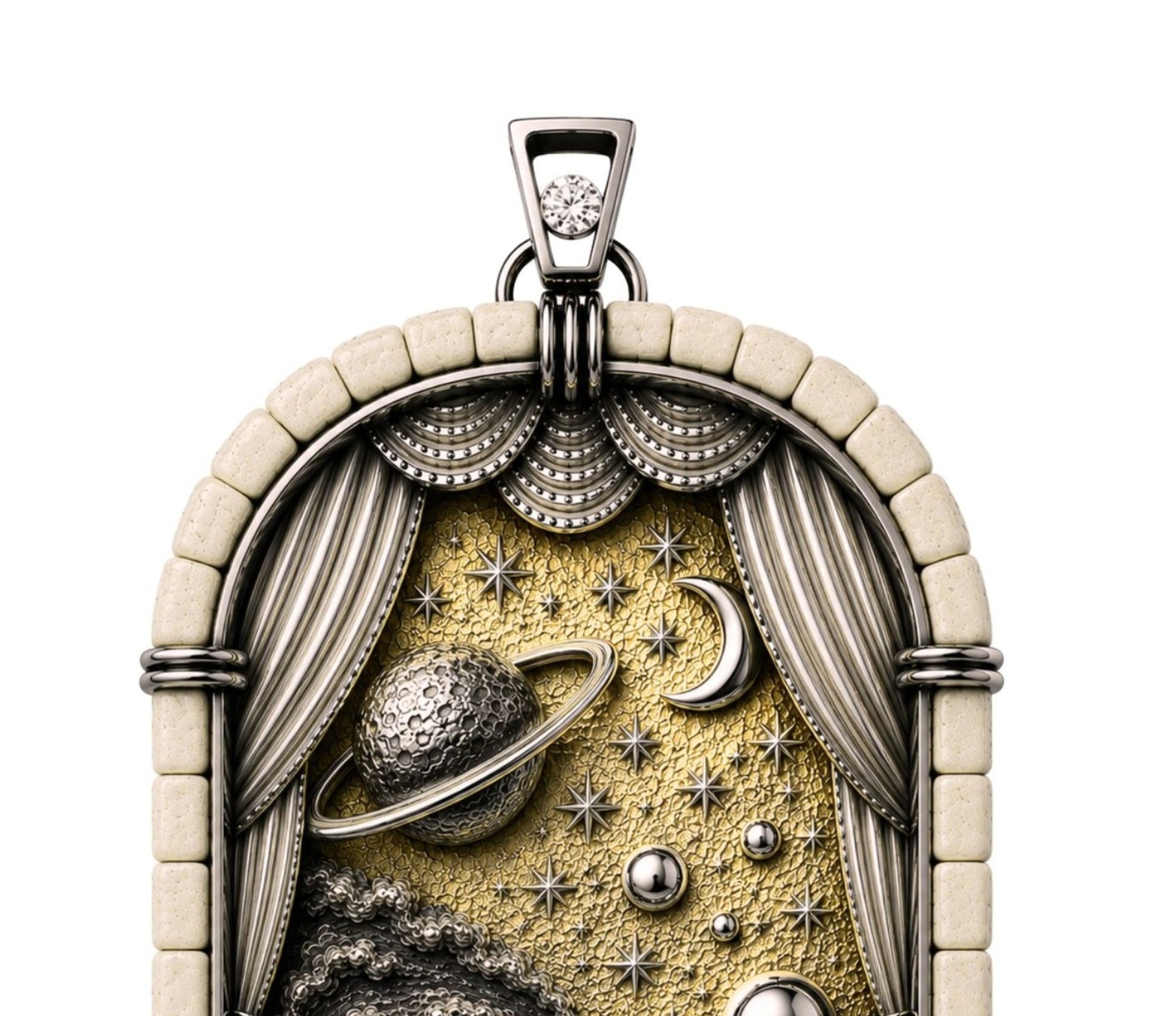 Close-up detail of the Fourth Day Creation pendant featuring a ringed planet, crescent moon, stars, and celestial symbols sculpted in sterling silver against a gilded sky.