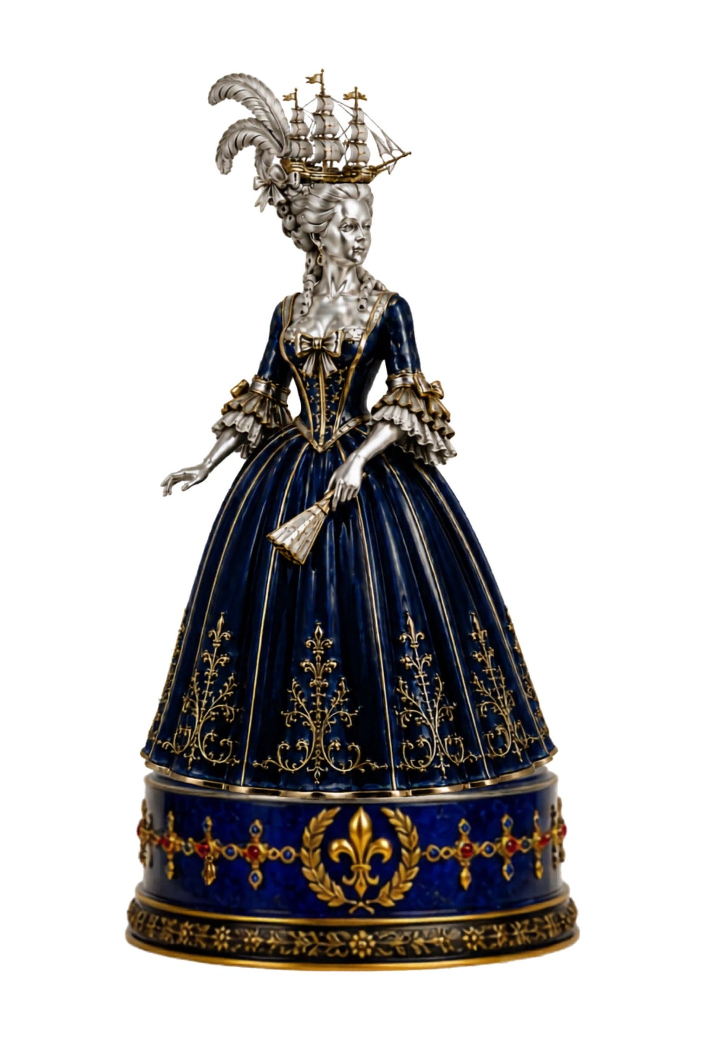 French aristocratic ballroom lady chess piece in silver, blue enamel and gold, inspired by the elegance of Marie Antoinette and Versailles