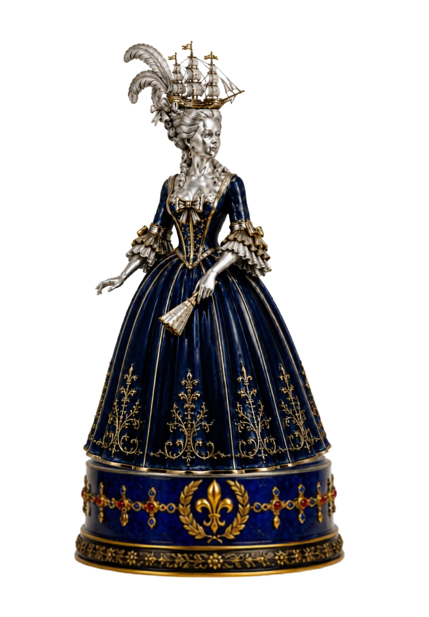 French aristocratic ballroom lady chess piece in silver, blue enamel and gold, inspired by the elegance of Marie Antoinette and Versailles