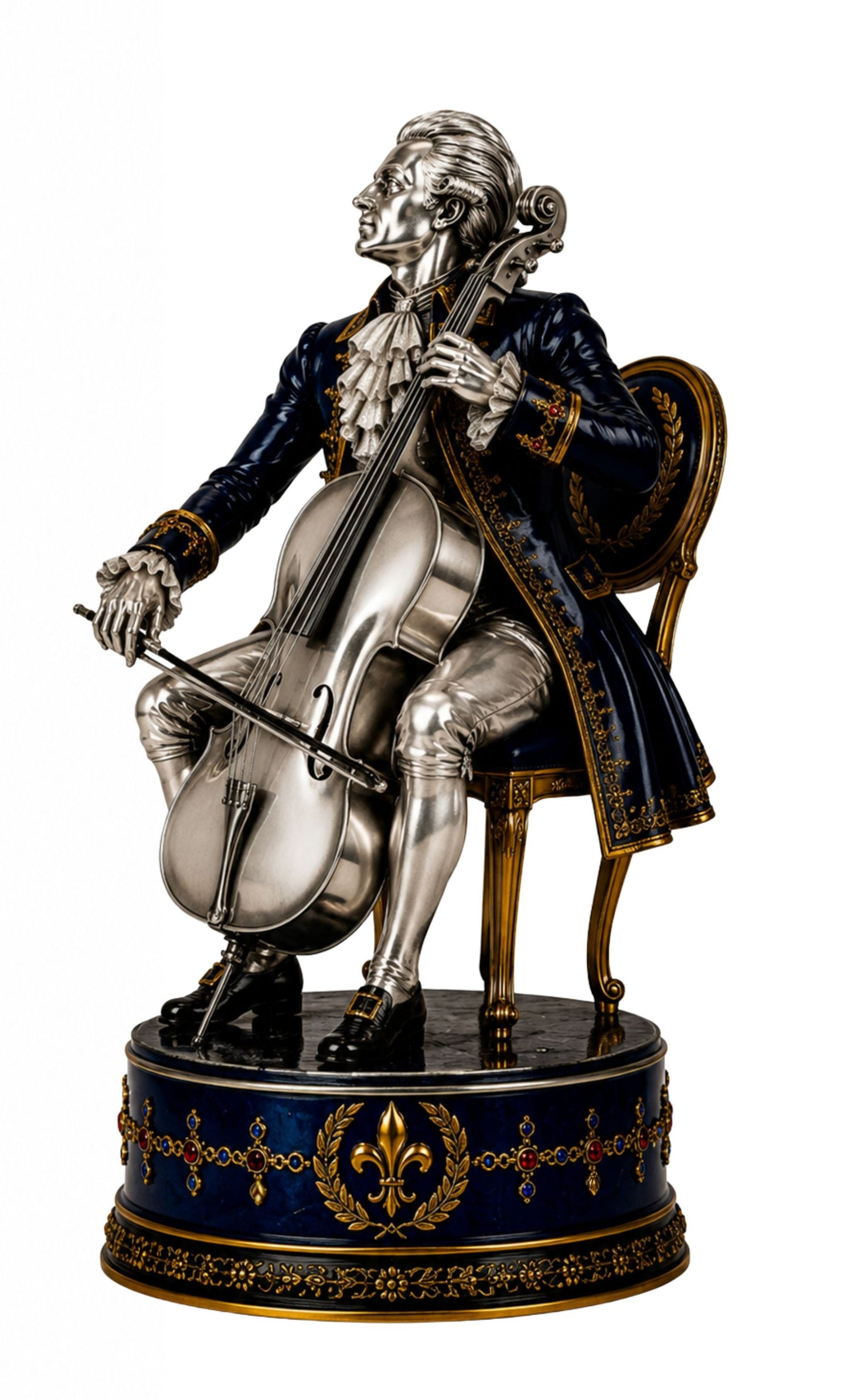 French royal court cellist chess piece handcrafted in silver, blue enamel and gold, inspired by the musical salons of Versailles