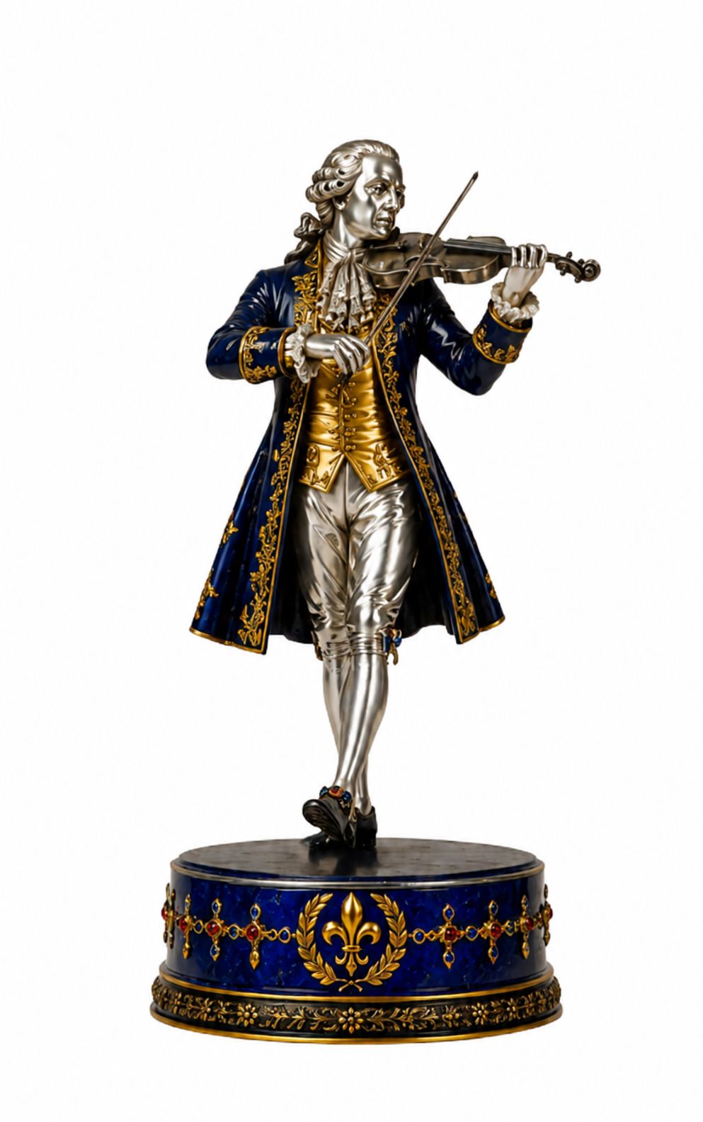 French court violinist chess piece in silver, blue enamel and gold, representing the refined musical culture of Marie Antoinette's court