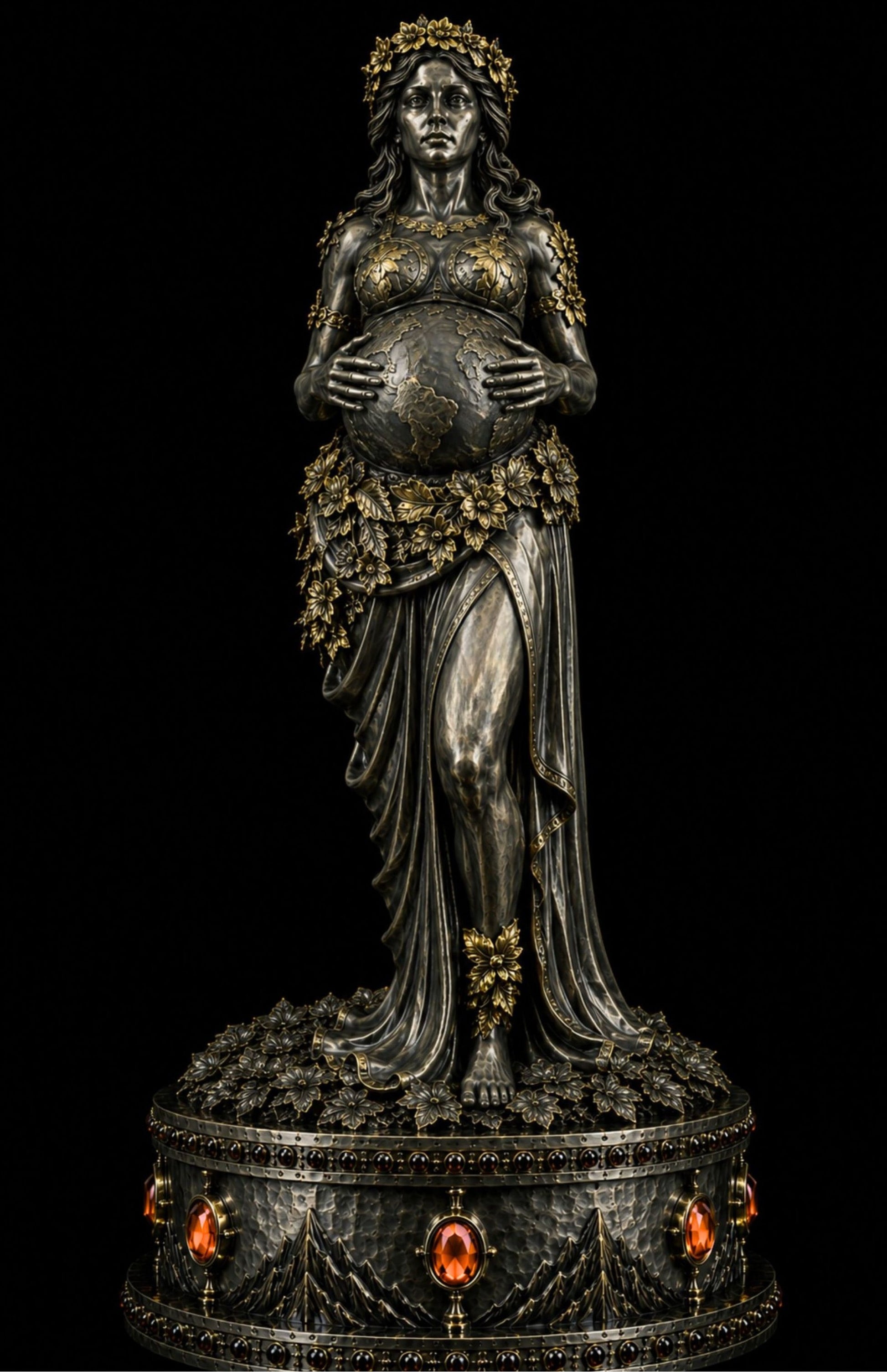 An ornate metallic statue of a crowned pregnant woman holding a globe, finished in dark silver with gold accents, standing on a decorative circular base with red gem accents against a black background.