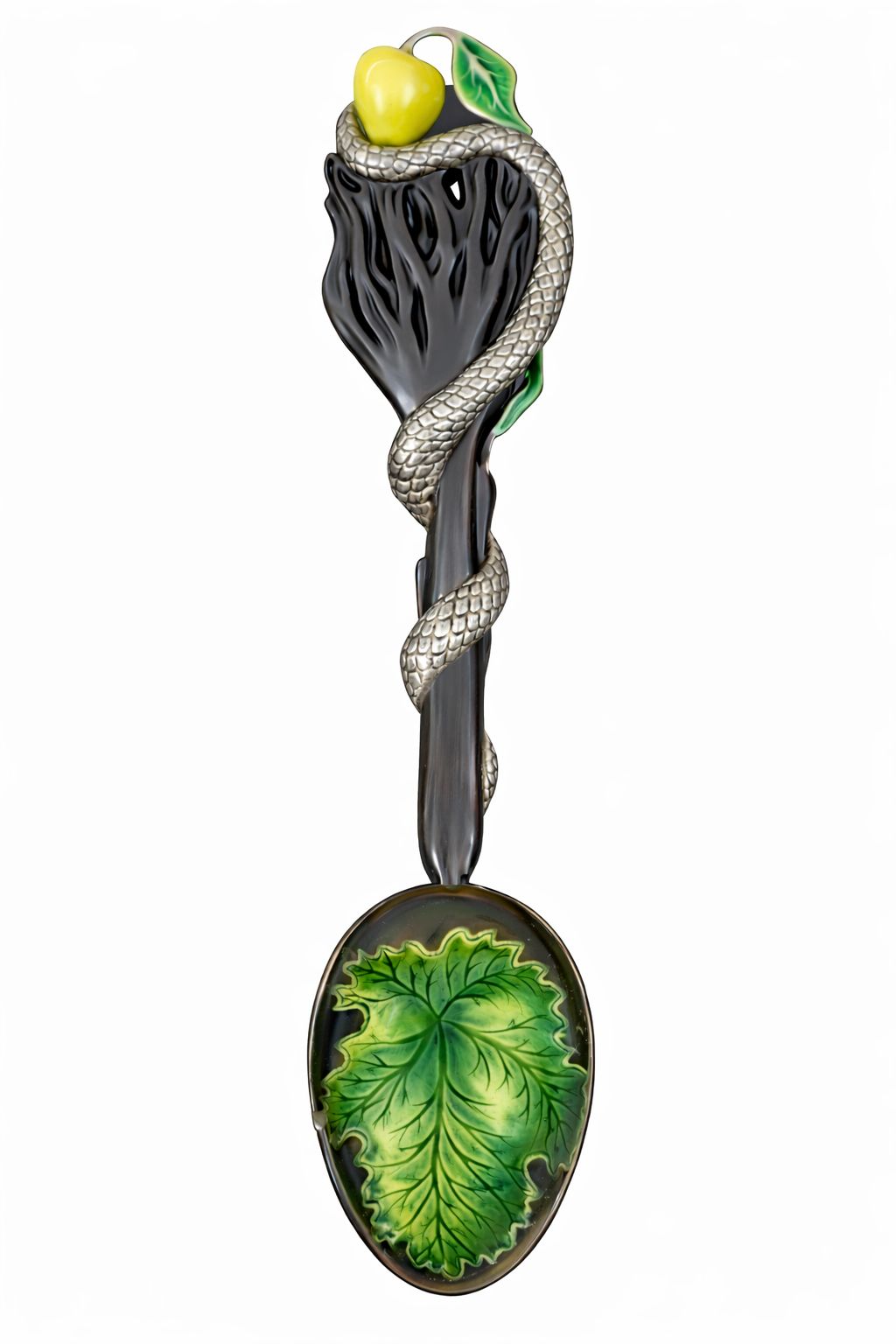 Hand carved ebony handle with coiled silver serpent and yellow jade apple, emerald eyes and green enamel leaf detail