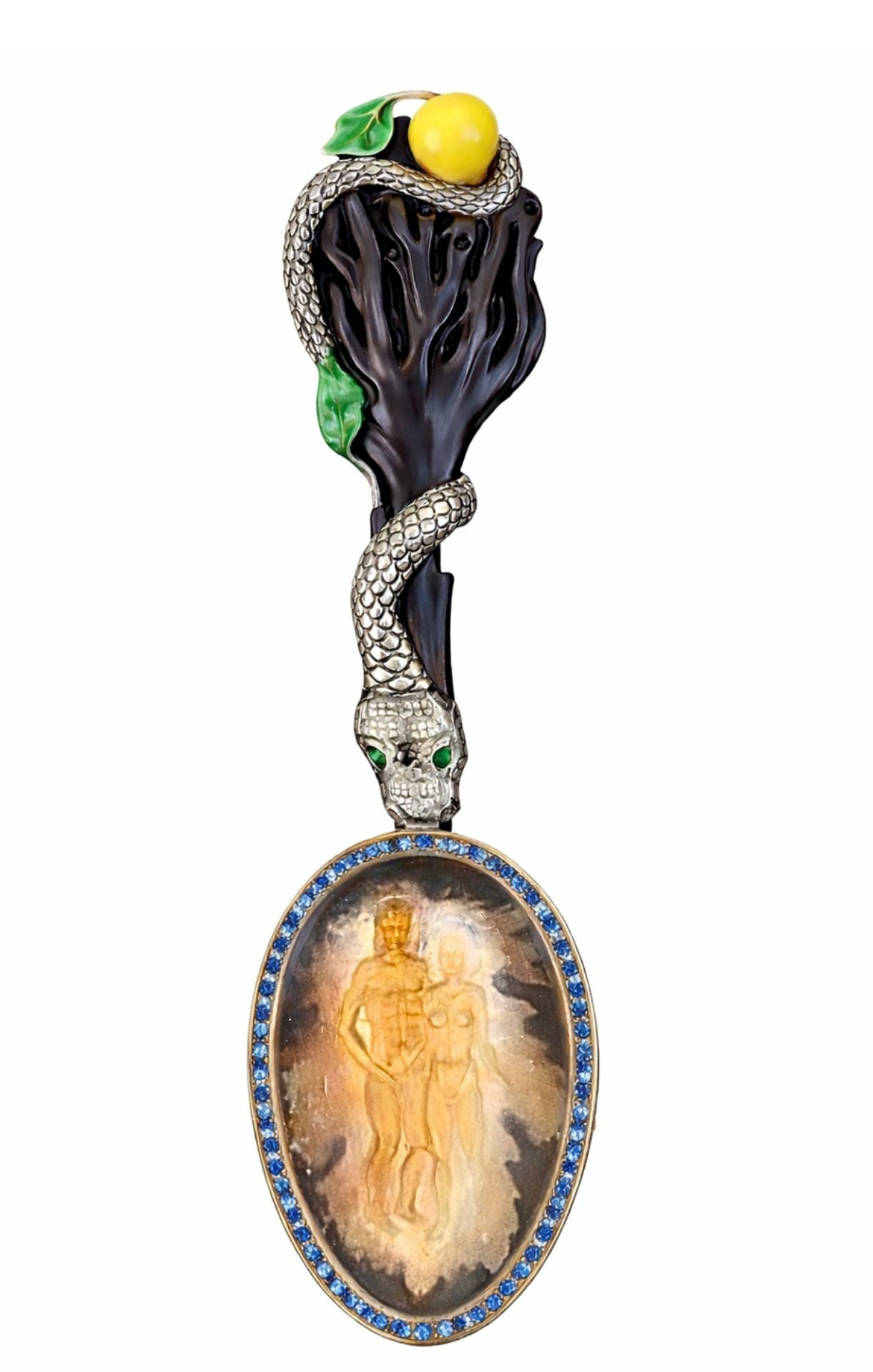 Garden of Eden sculptural spoon in ebony wood with silver serpent, smoky quartz Adam and Eve intaglio, 18K gold and sapphire frame