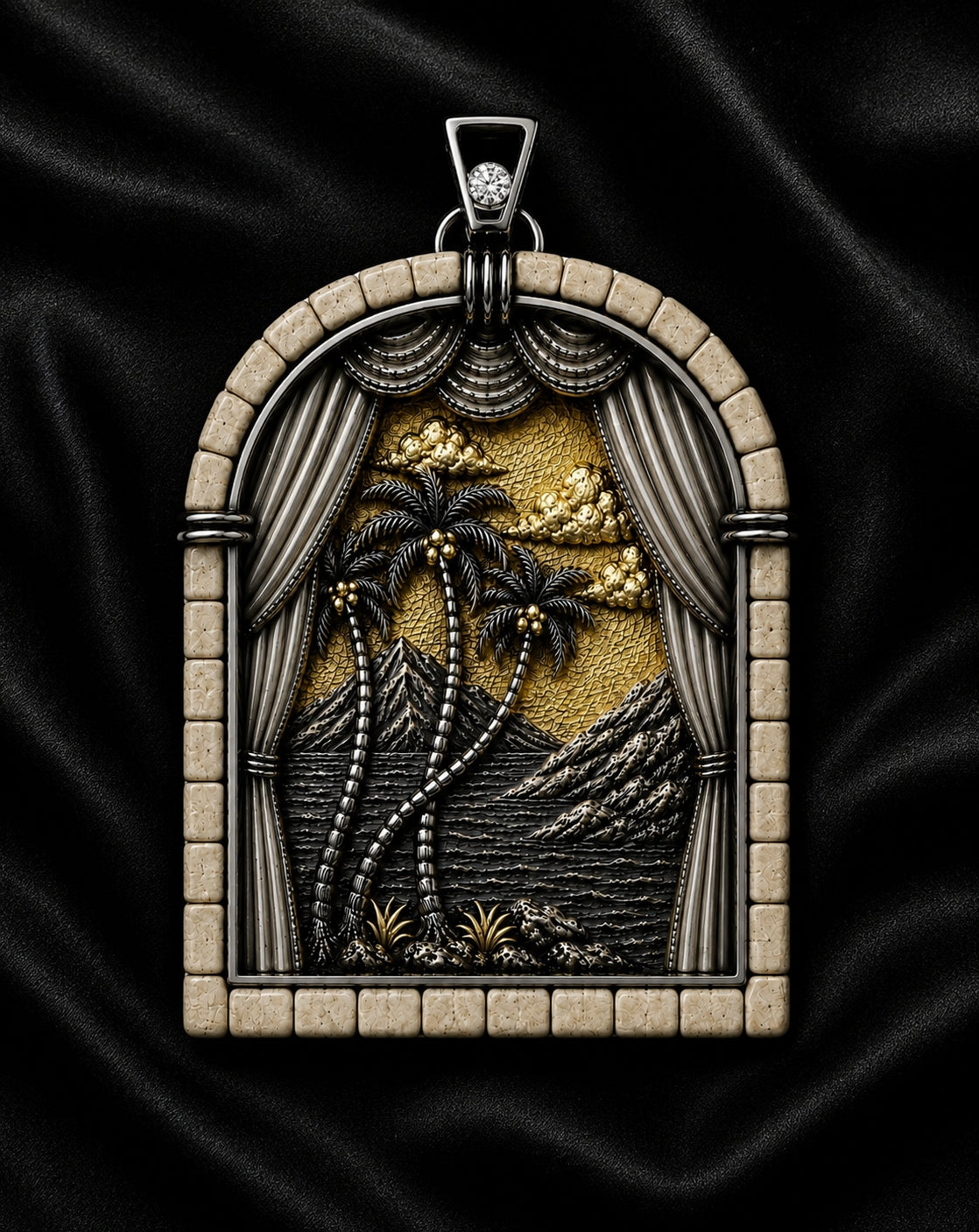 Days of Creation Day Three pendant displayed on black fabric, handcrafted in sterling silver with 24K gold gilding, Jerusalem stone border, and brilliant-cut diamond.