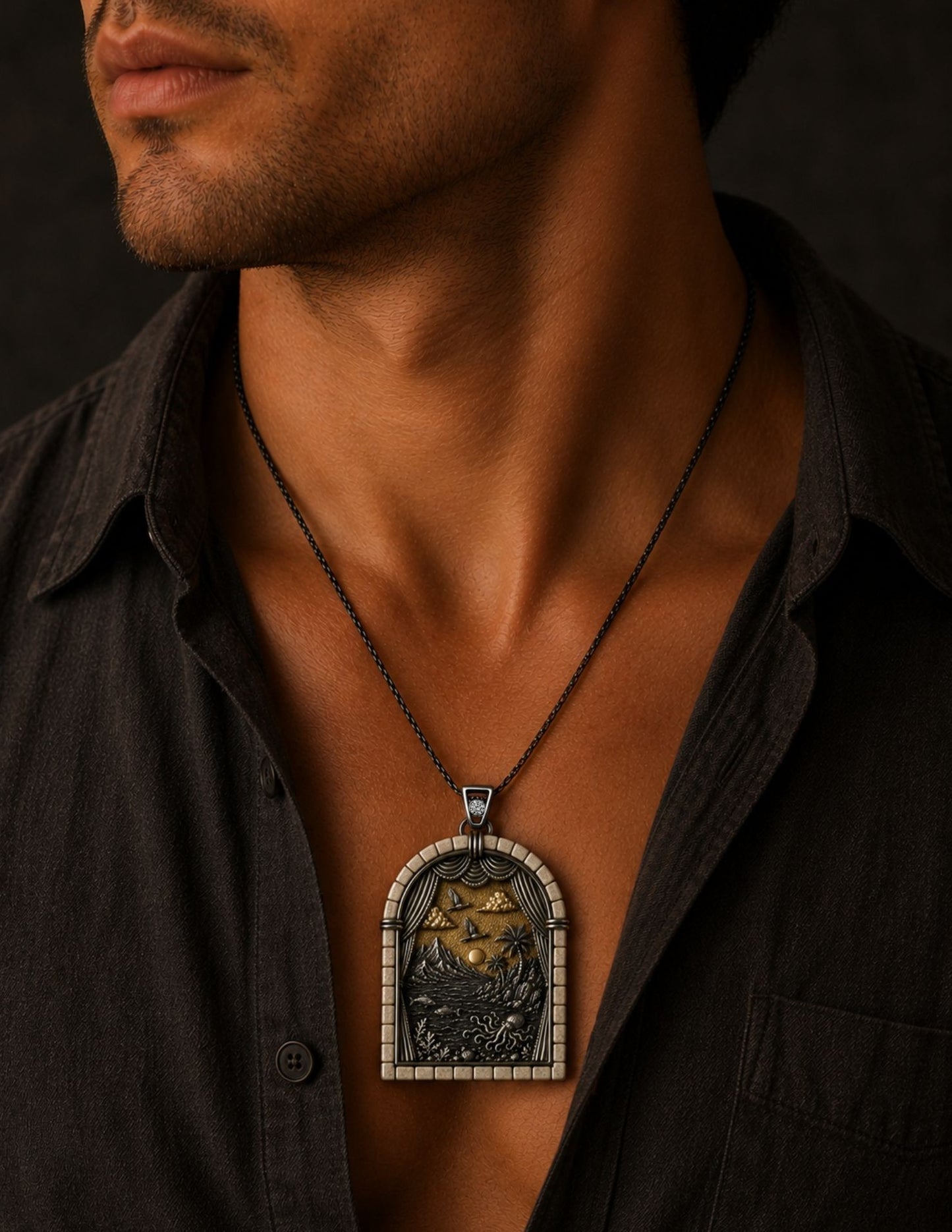 Luxury Fifth Day of Creation pendant worn as a necklace, featuring sterling silver, 24K gold gilding, Jerusalem stone and diamond inspired by the biblical Book of Genesis.