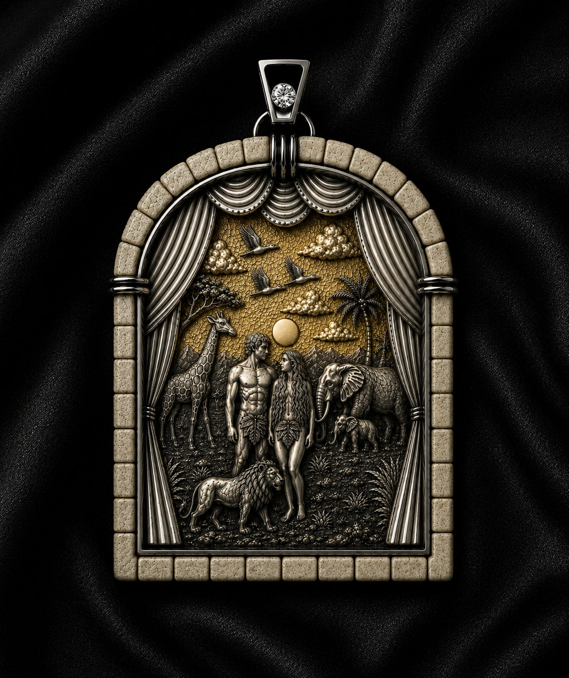 Museum-quality Sixth Day of Creation pendant featuring Adam, Eve, lion, elephant and giraffe in a biblical Garden of Eden scene.