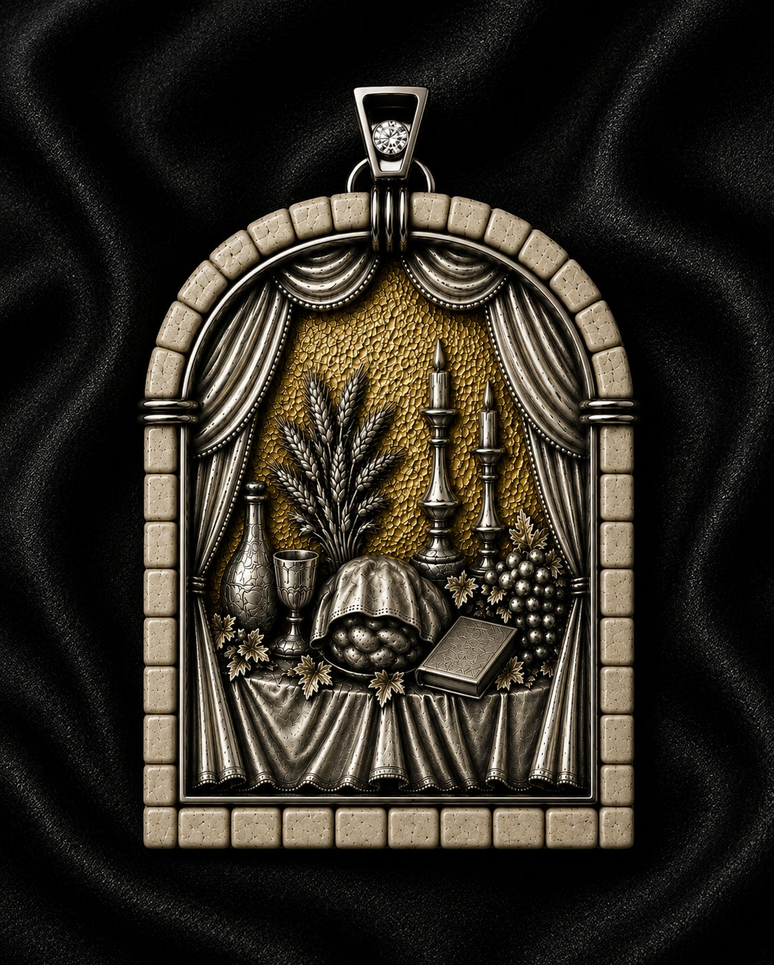 Museum-quality Seventh Day of Creation pendant inspired by Genesis and the Sabbath, handcrafted in silver, gold and Jerusalem stone.