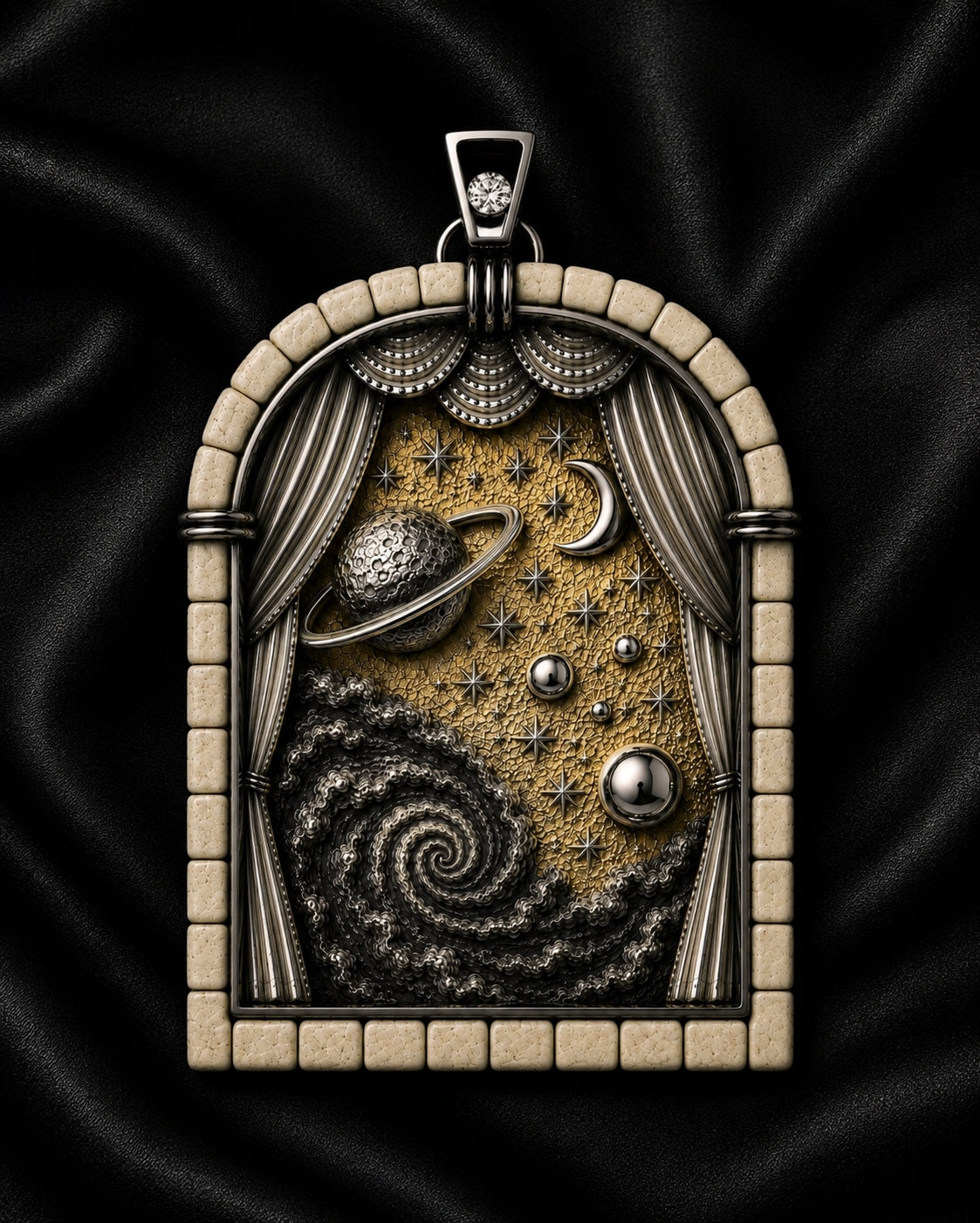 Days of Creation Fourth Day pendant displayed on black fabric, handcrafted in sterling silver with 24K gold gilding, Jerusalem stone, and diamond, inspired by the creation of the heavenly lights.