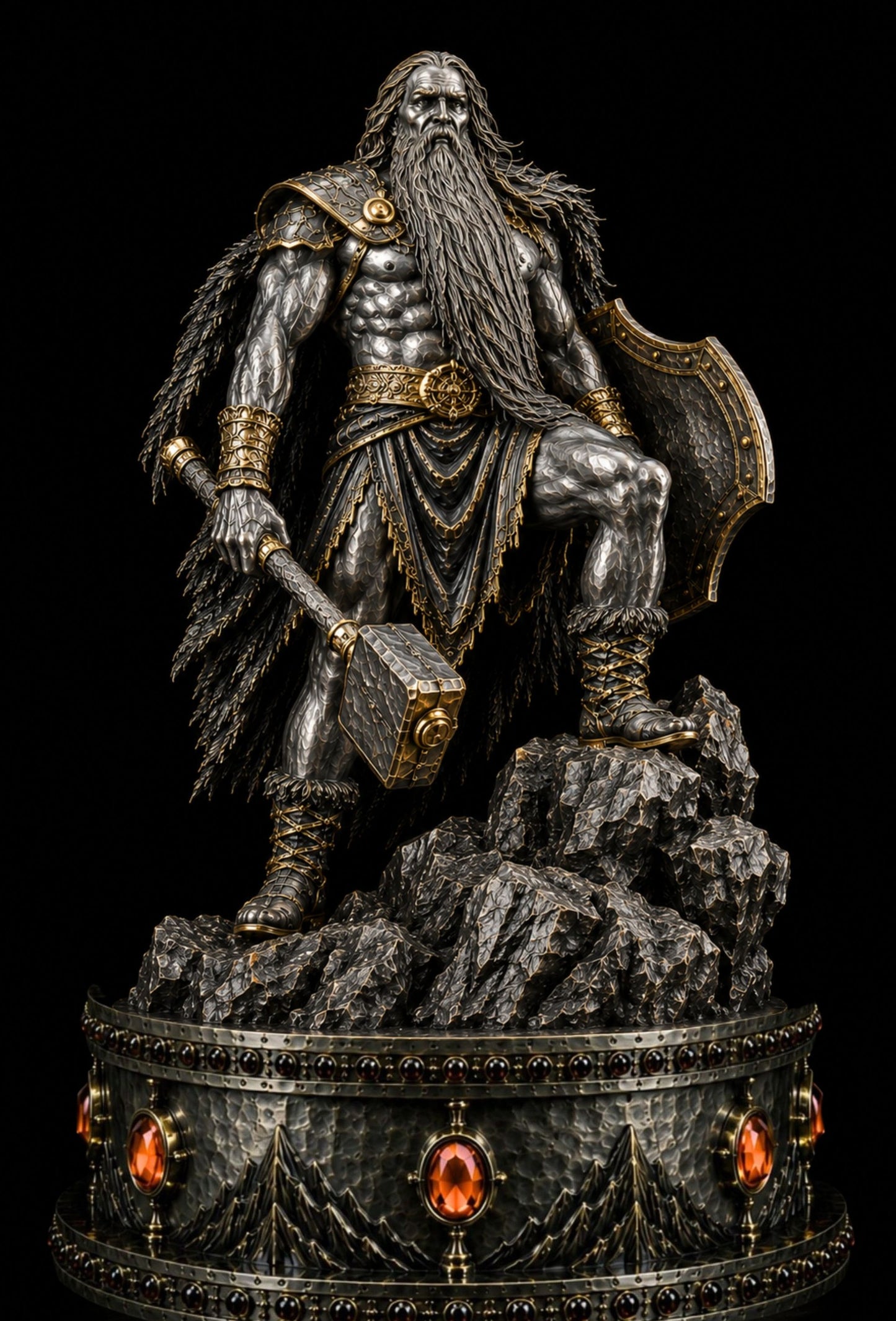A detailed fantasy warrior statue of a bearded Norse or Viking figure with a long gray beard, muscular torso, fur-like cloak, shield, and mace, mounted on a rocky base with glowing amber accents against a black background.