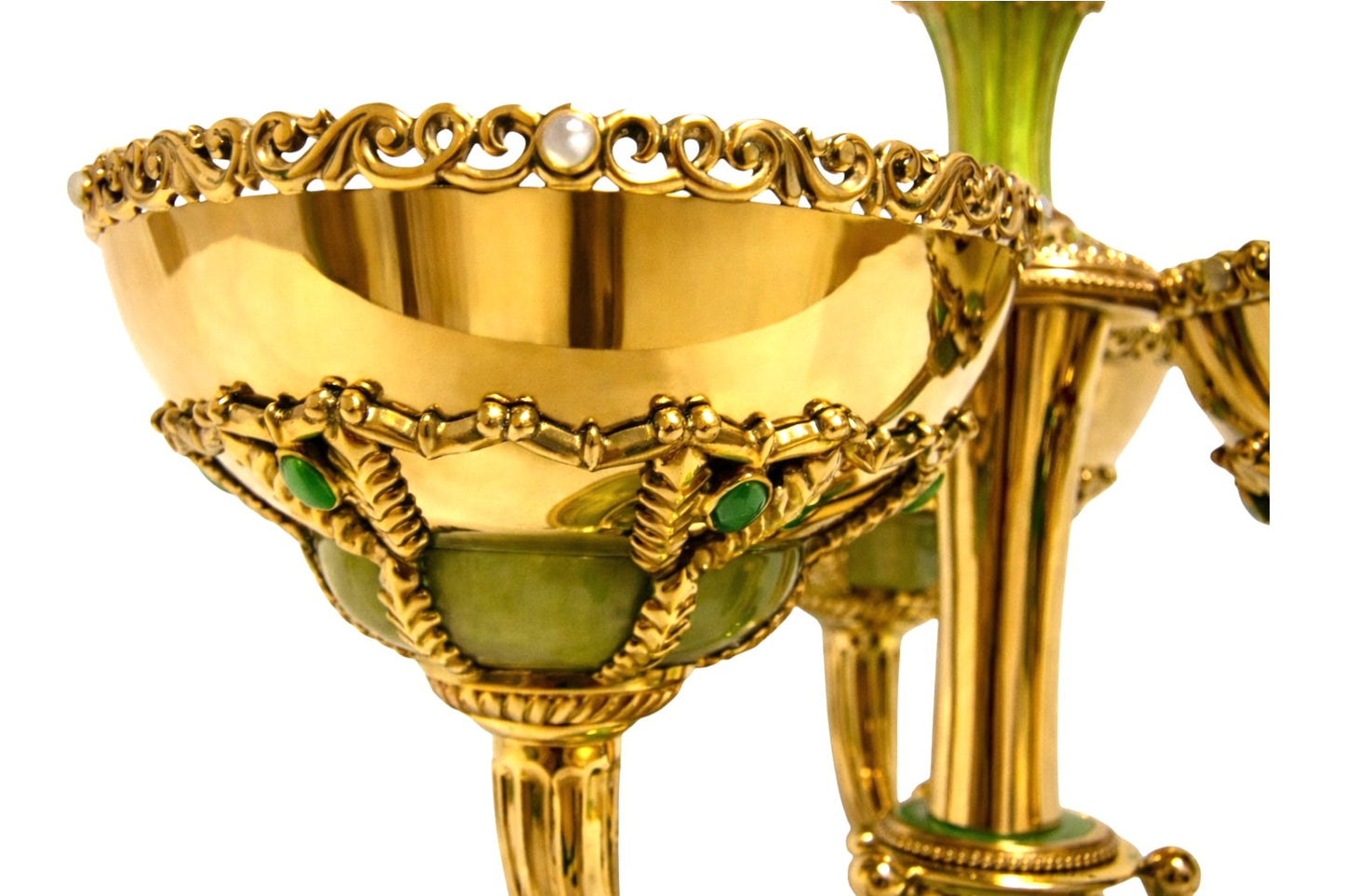 Gold-plated sterling silver bowls with jade and enamel detailing on luxury centerpiece