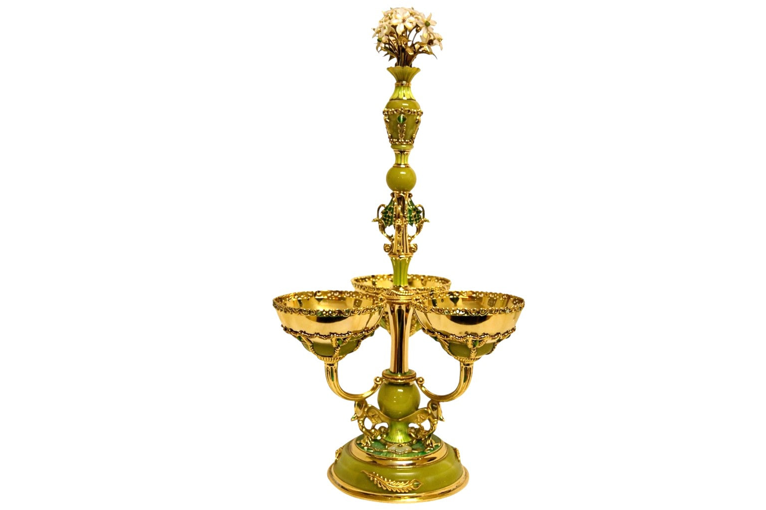Gold-plated sterling silver centerpiece with jade, enamel, and floral gemstone detailing in luxury decorative art style