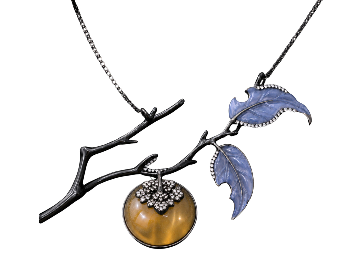 Golden Persimmon pendant in 18K gold featuring a hand-carved gold lepidolite persimmon, angelite leaves, pavé diamonds, and black rhodium botanical branch design.