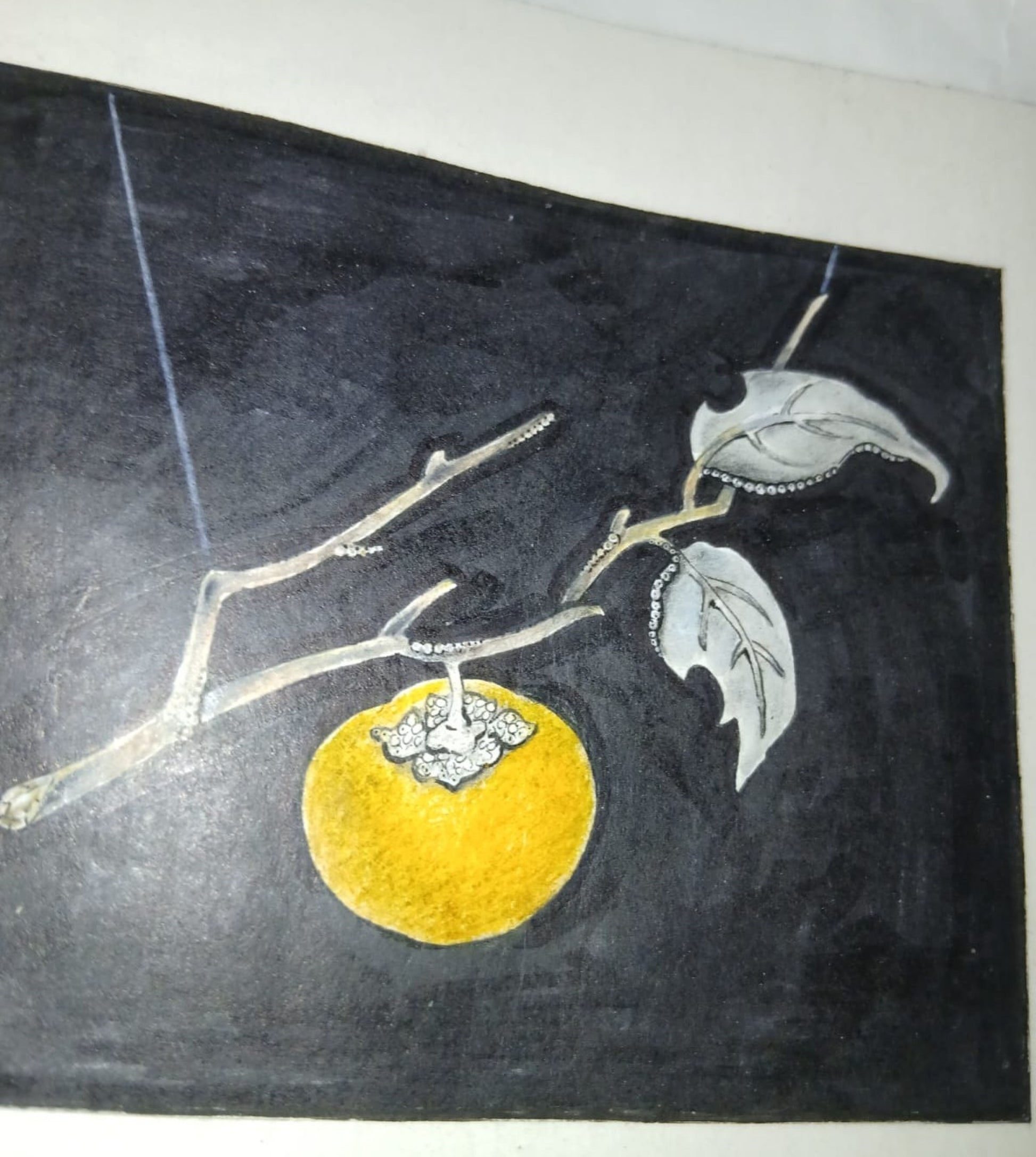 Original hand-drawn design sketch for the Golden Persimmon pendant, depicting the botanical branch, carved persimmon, leaves, and diamond-set details.