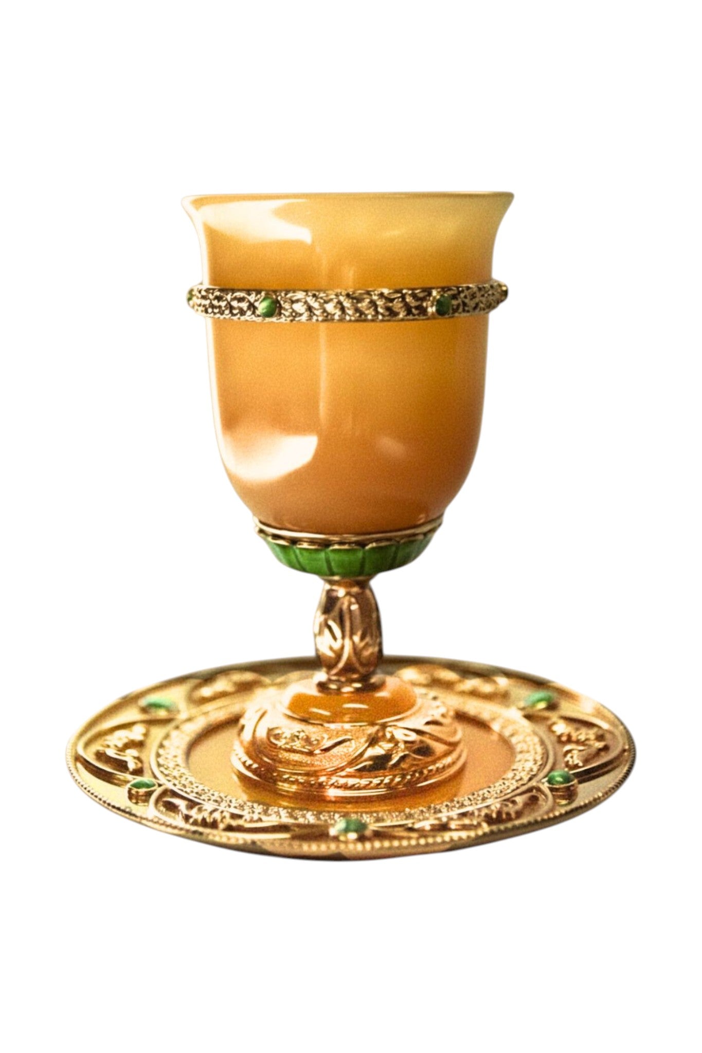 Golden Sunlight Kos Kiddush goblet and plate set in yellow jadeite and gilt silver, full view