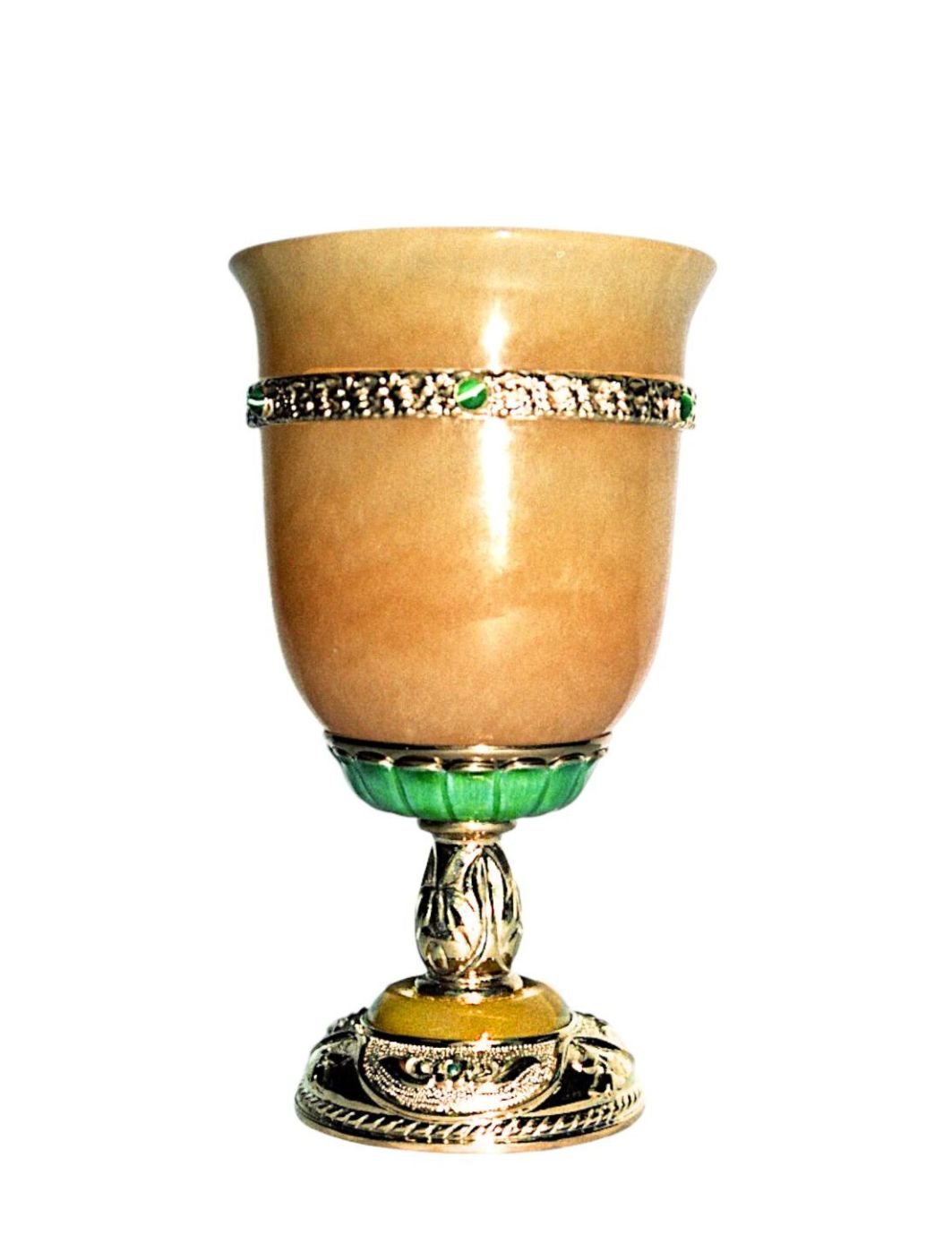 Golden Sunlight Kos Kiddush goblet in yellow jadeite with silver-gilt and aventurine accents