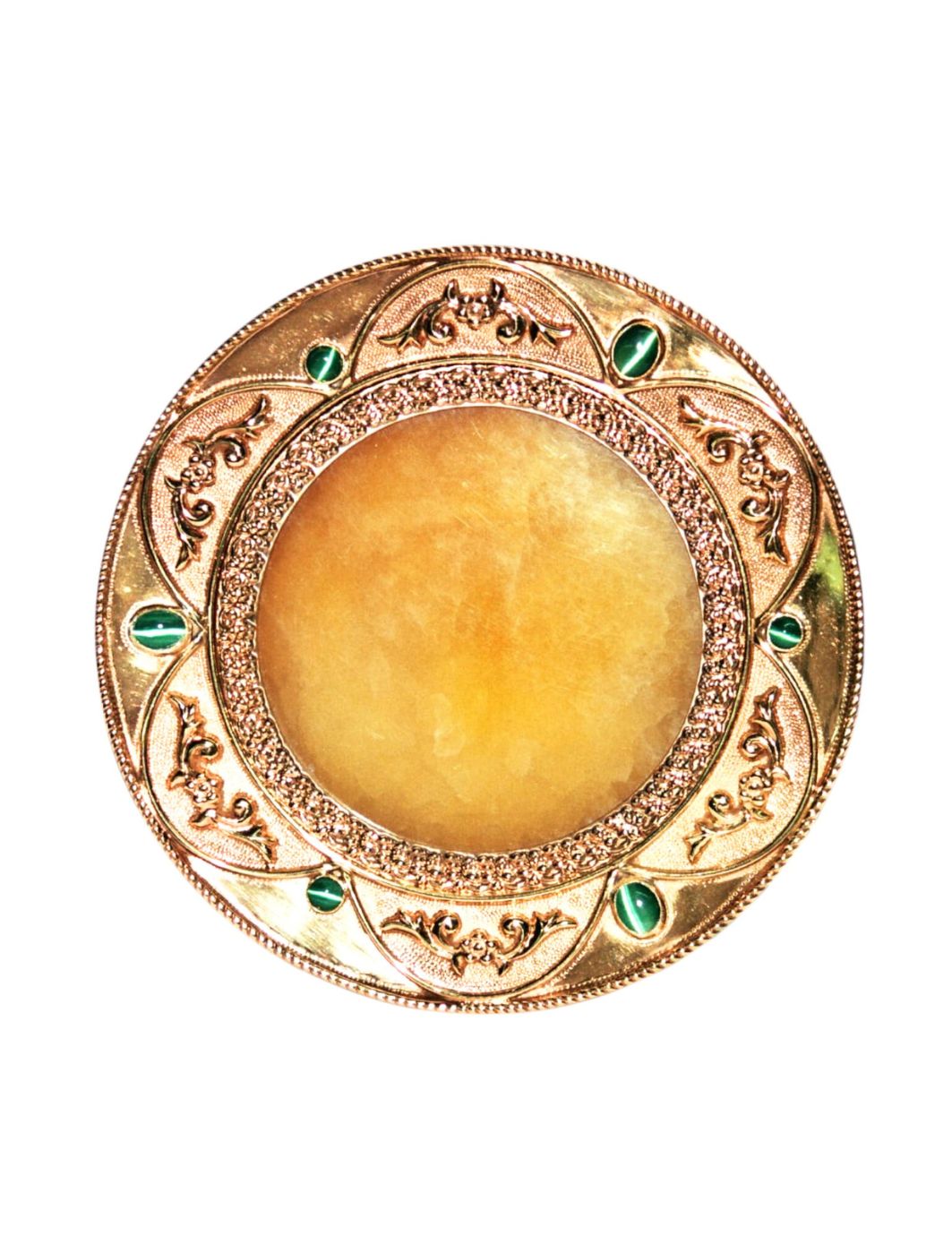 Golden Sunlight Kos Kiddush plate in yellow jadeite with silver-gilt and hot enamel