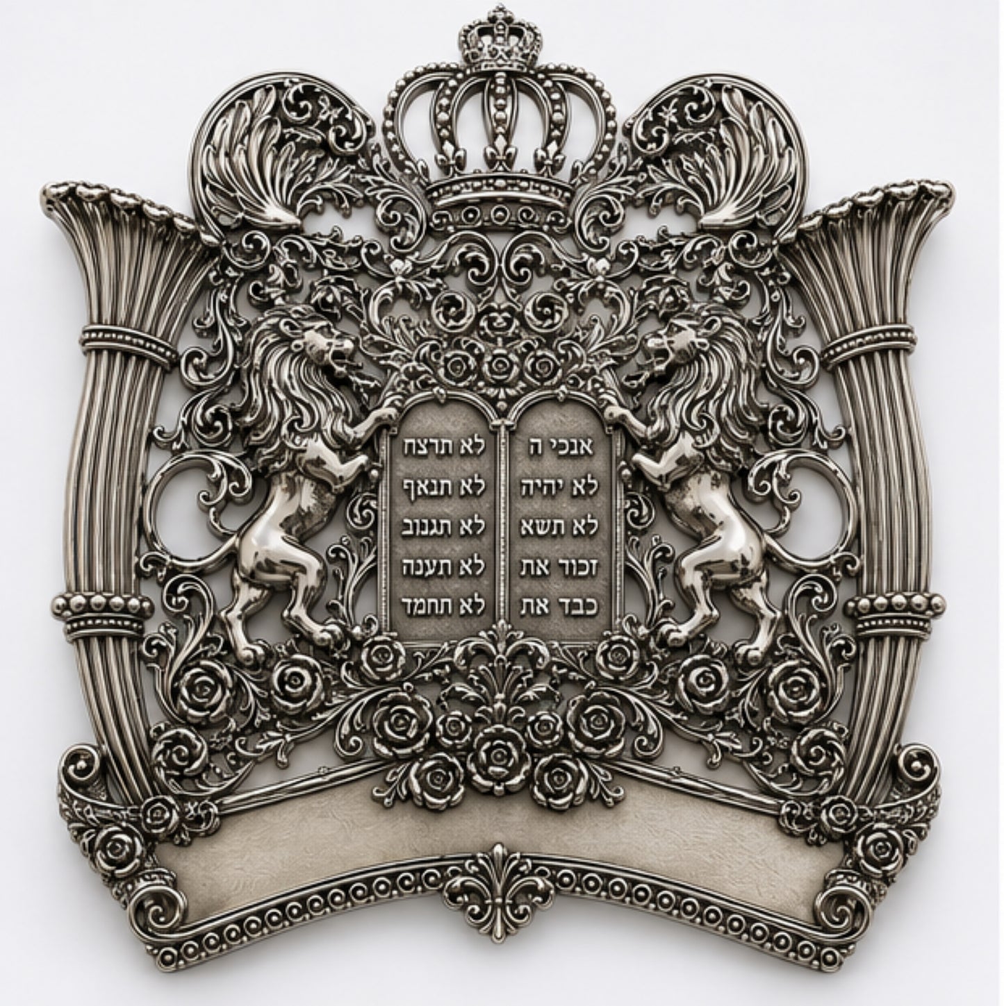 Royal Guardian Lions sterling silver Torah shield with oxidized finish, raised Hebrew Ten Commandments tablets, heraldic lions, royal crown, openwork scrolls, and sculpted roses for Sefer Torah.