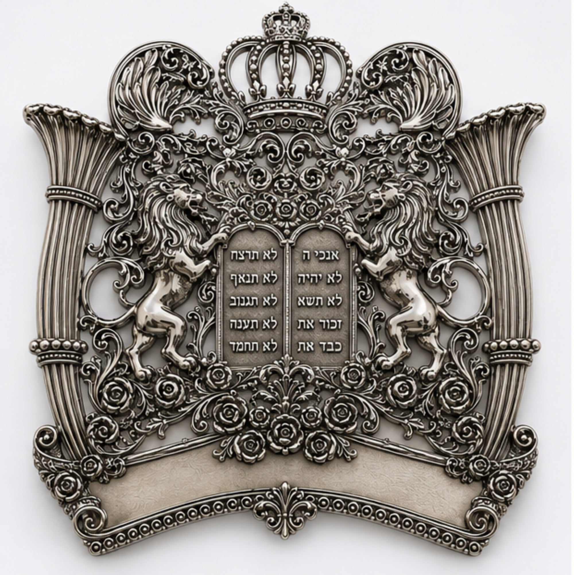 Royal Guardian Lions sterling silver Torah shield with oxidized finish, raised Hebrew Ten Commandments tablets, heraldic lions, royal crown, openwork scrolls, and sculpted roses for Sefer Torah.