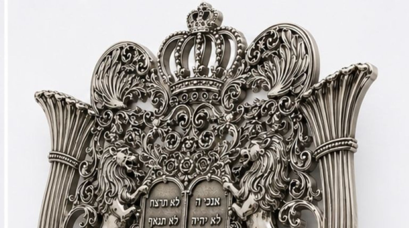 Close-up detail of royal crown atop Guardian Lions Torah shield, handcrafted in oxidized sterling silver with intricate Baroque scrollwork and floral motifs.