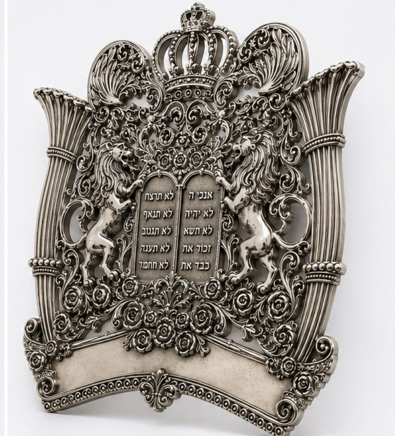 Handcrafted sterling silver Torah shield shown at an angle, featuring Guardian Lions, crown motif, raised Hebrew lettering, floral relief, and Baroque style openwork Judaica craftsmanship.