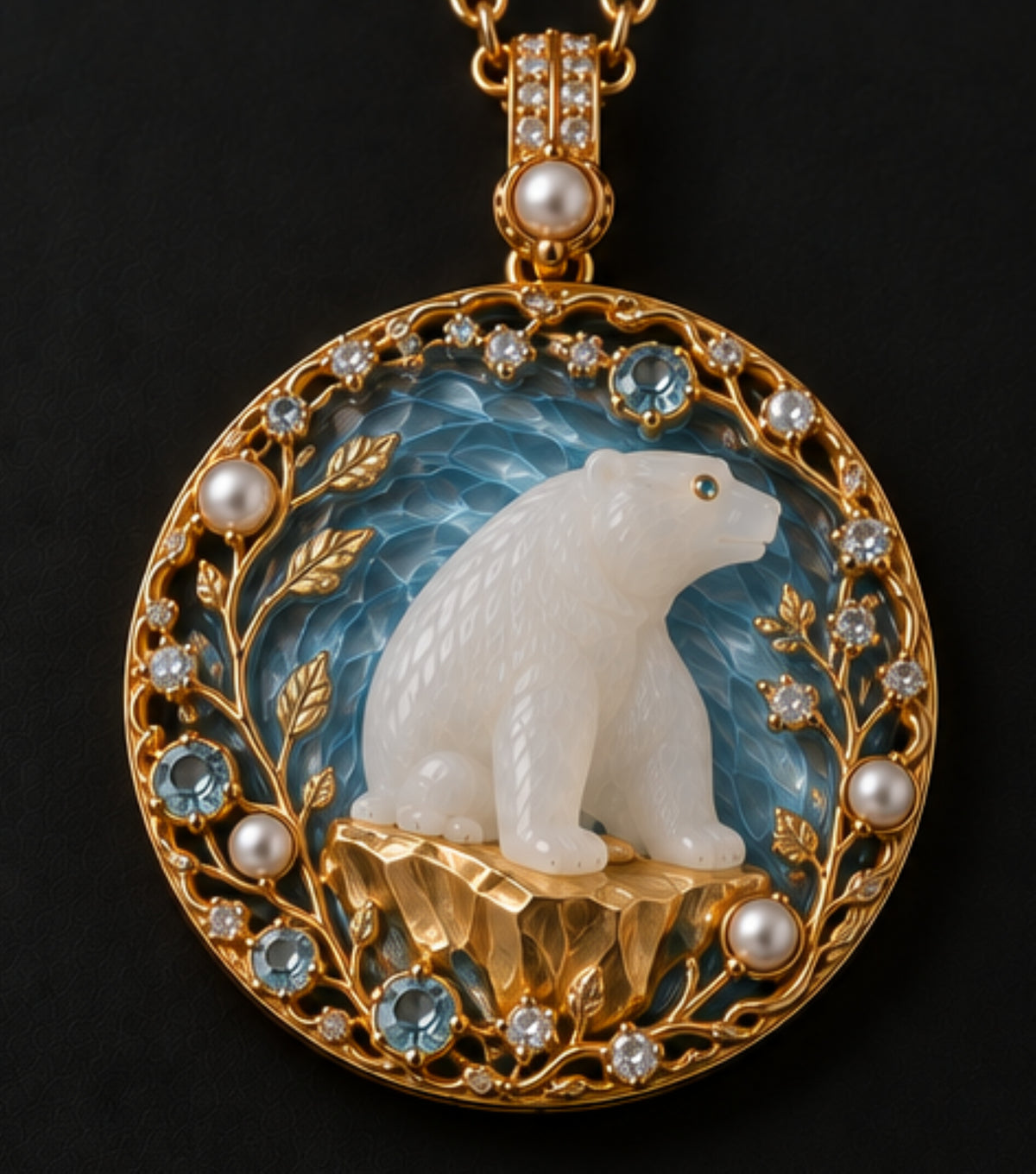 Kingdom of Ice 18K yellow gold pendant with hand-carved white nephrite polar bear, blue enamel, diamonds, topaz and pearls
