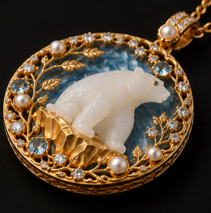 Angled view of Kingdom of Ice white nephrite polar bear pendant in 18K yellow gold with blue enamel, diamonds, topaz and pearls