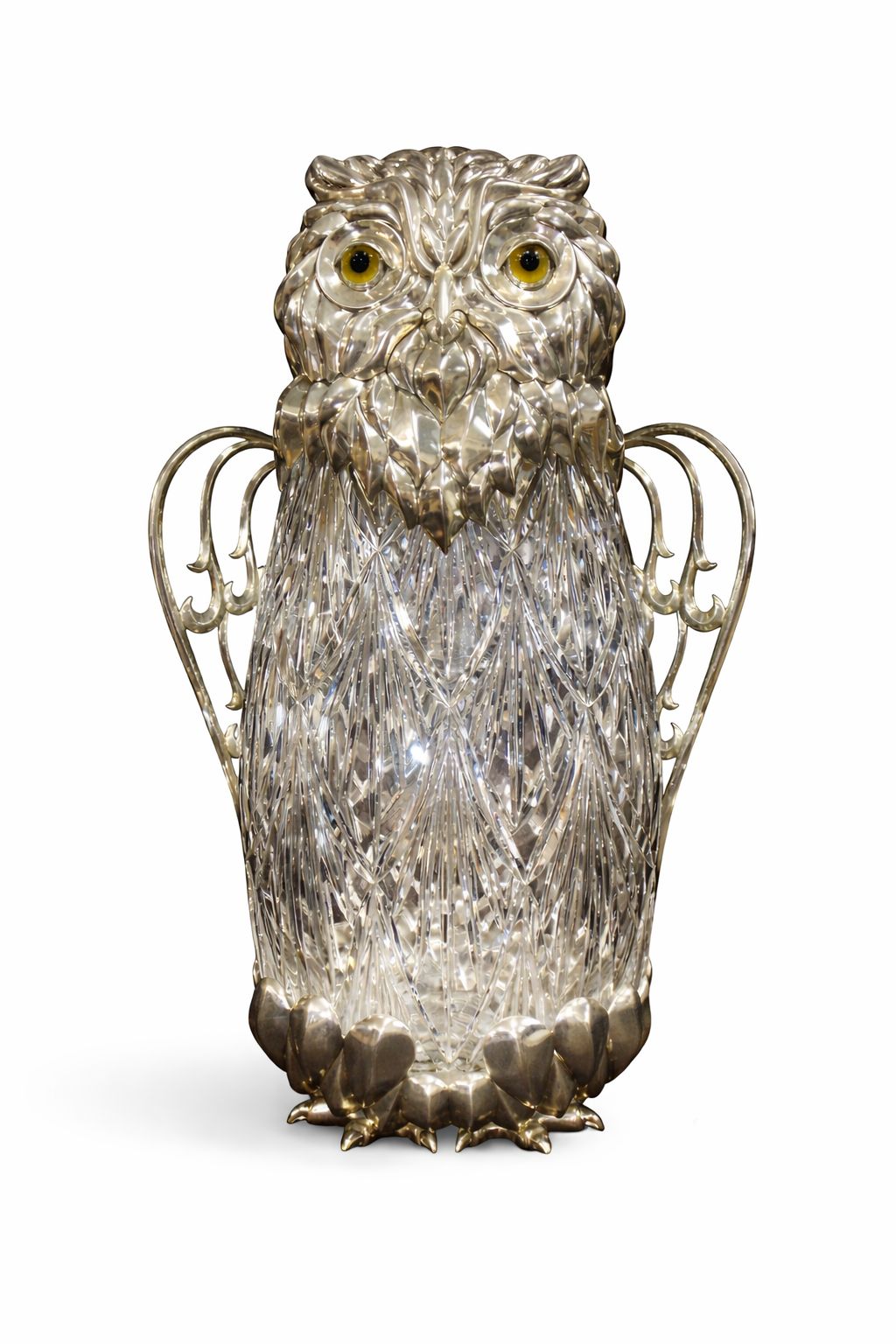 Guardian Owl Art Deco wine pitcher handcrafted in sterling silver and crystal with tiger’s eye gemstone eyes