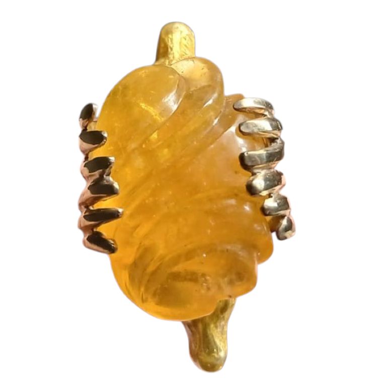 Close-up of the Guardians of the Sun ring by Konforti Jewelry, highlighting the hand-carved 90 ct yellow lepidolite gemstone, 960 silver stag motifs, and luminous hot enamel craftsmanship from the Stone Garden Collection.