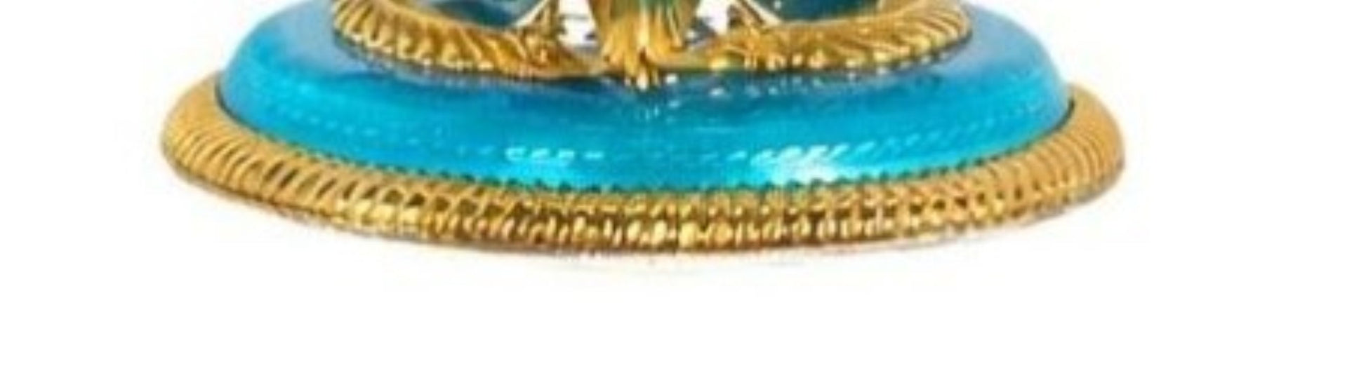 Guilloché enamel base in turquoise tones with gold detailing beneath silver and lapis lazuli centerpiece bowl