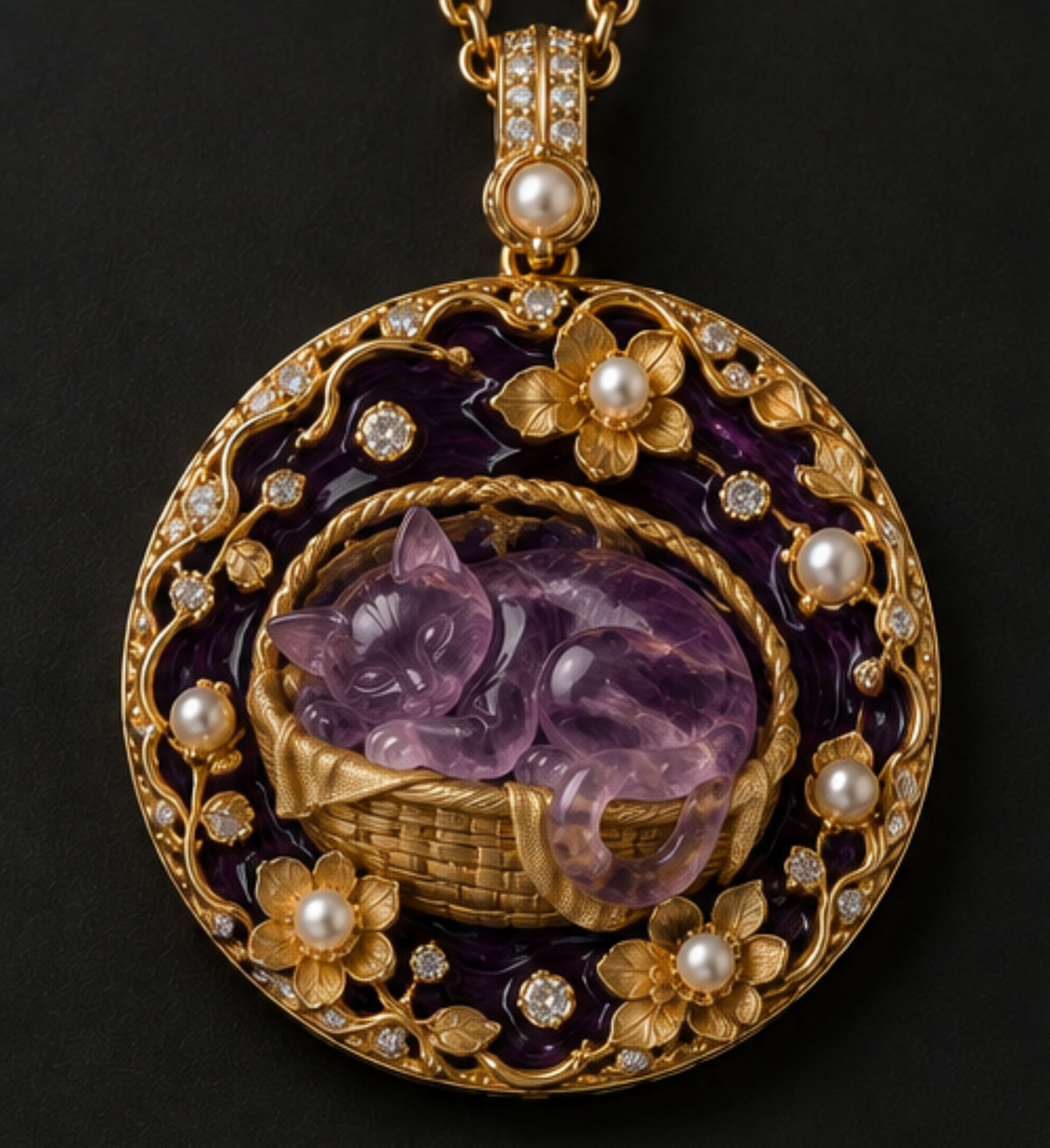 The Violet Dream hand-carved amethyst cat pendant in 18K gold with diamonds, pearls and purple enamel
