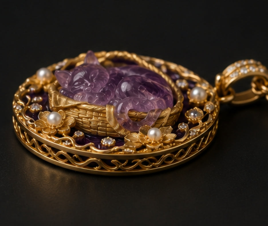 Sculptural amethyst sleeping cat pendant in 18K yellow gold with purple enamel, diamonds and natural pearls