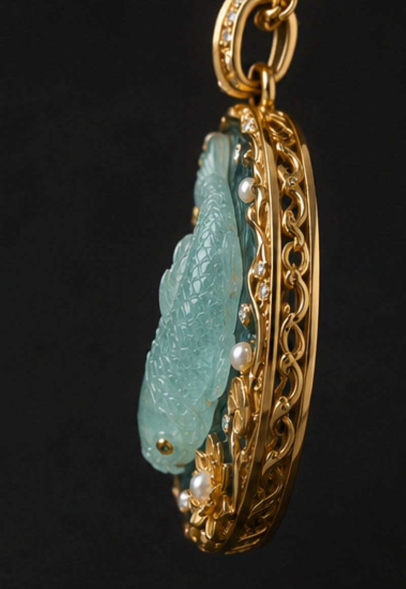 Side view of Dance of the Koi 18K gold pendant showing hand-carved aquamarine koi and openwork gold frame