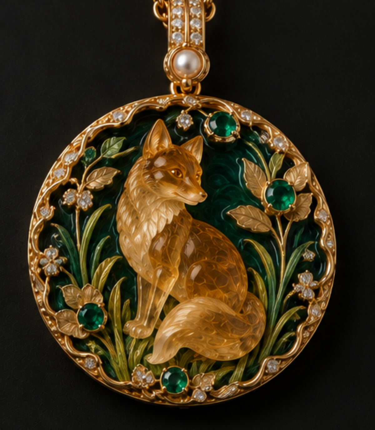 Hand-carved citrine fox 18K gold pendant with natural emeralds, diamonds, pearls and emerald-green enamel