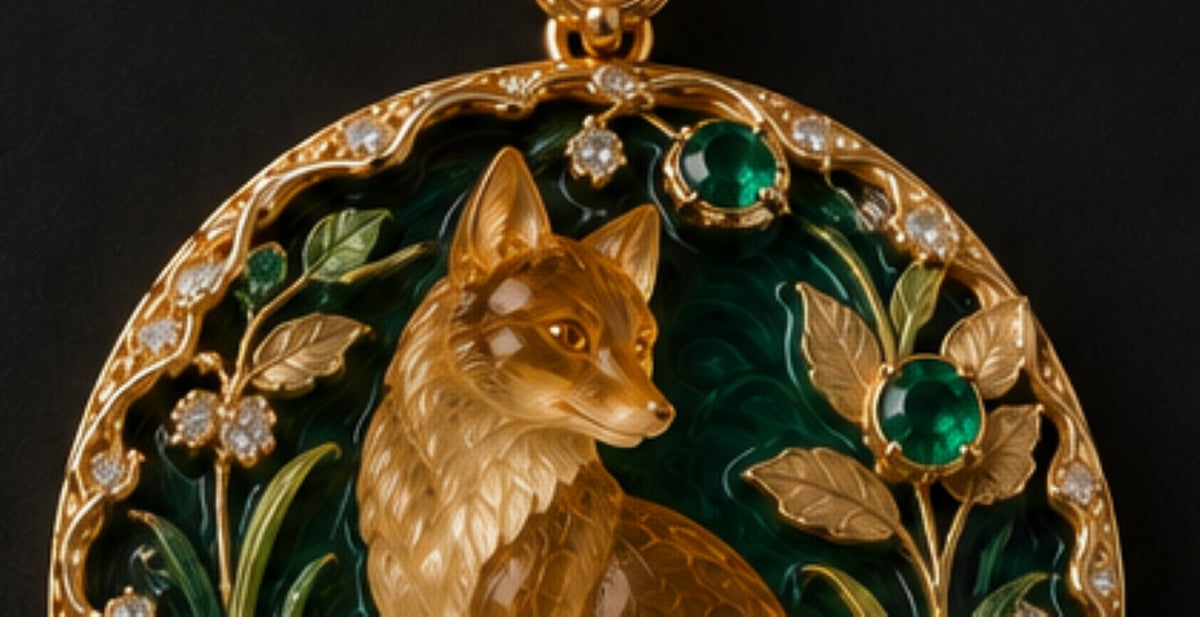 Hand-carved natural citrine fox detail surrounded by 18K gold foliage, emeralds, diamonds and green enamel