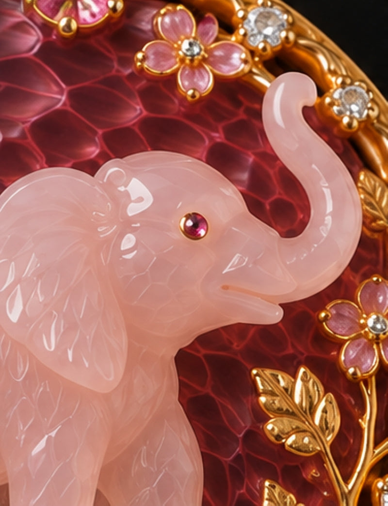 Close-up of hand-carved rose quartz elephant with pink sapphire eye, transparent pink hot enamel and 18K yellow gold details