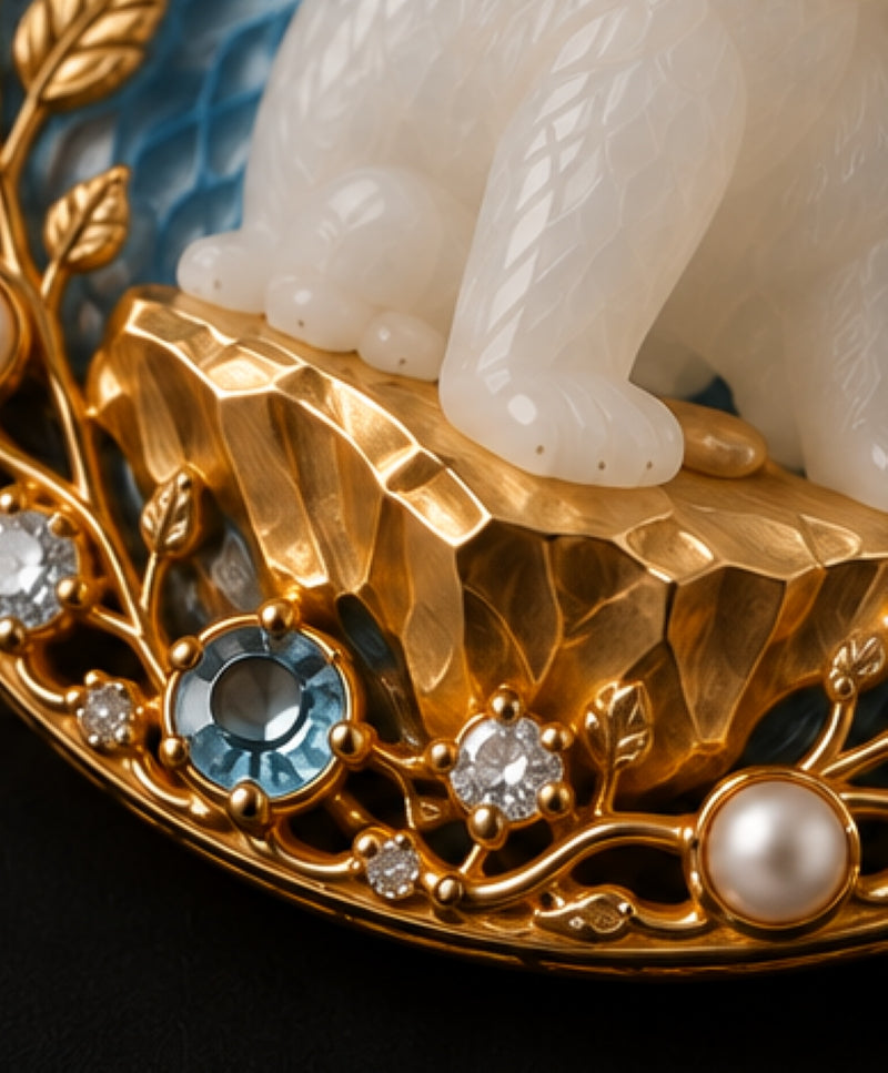 Close-up of hand-carved white nephrite polar bear on sculpted 18K yellow gold ice with diamonds, topaz and pearl