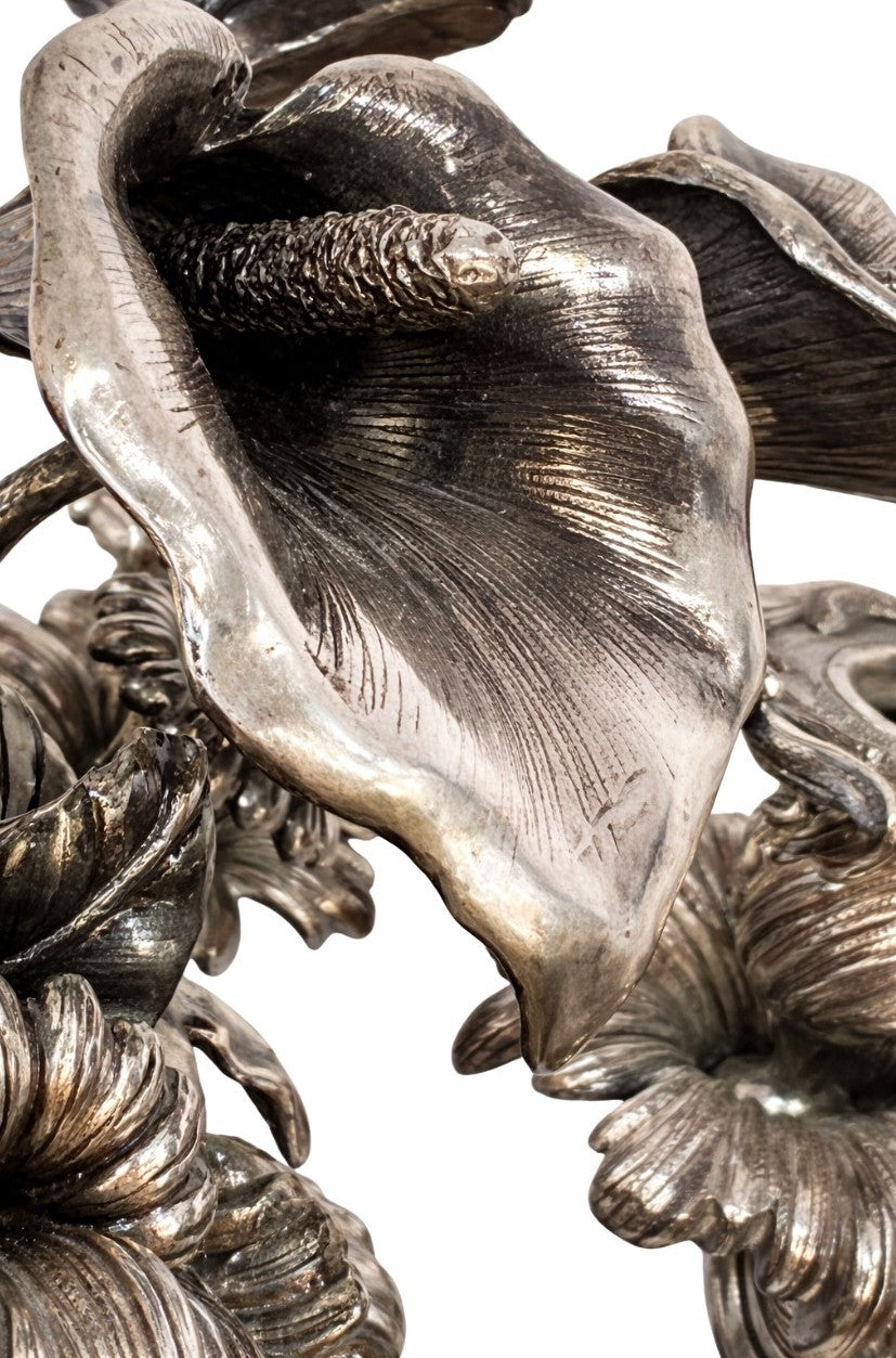 Handcrafted sterling silver botanical ornament detail candelabra leaves flowers high relief sculpture