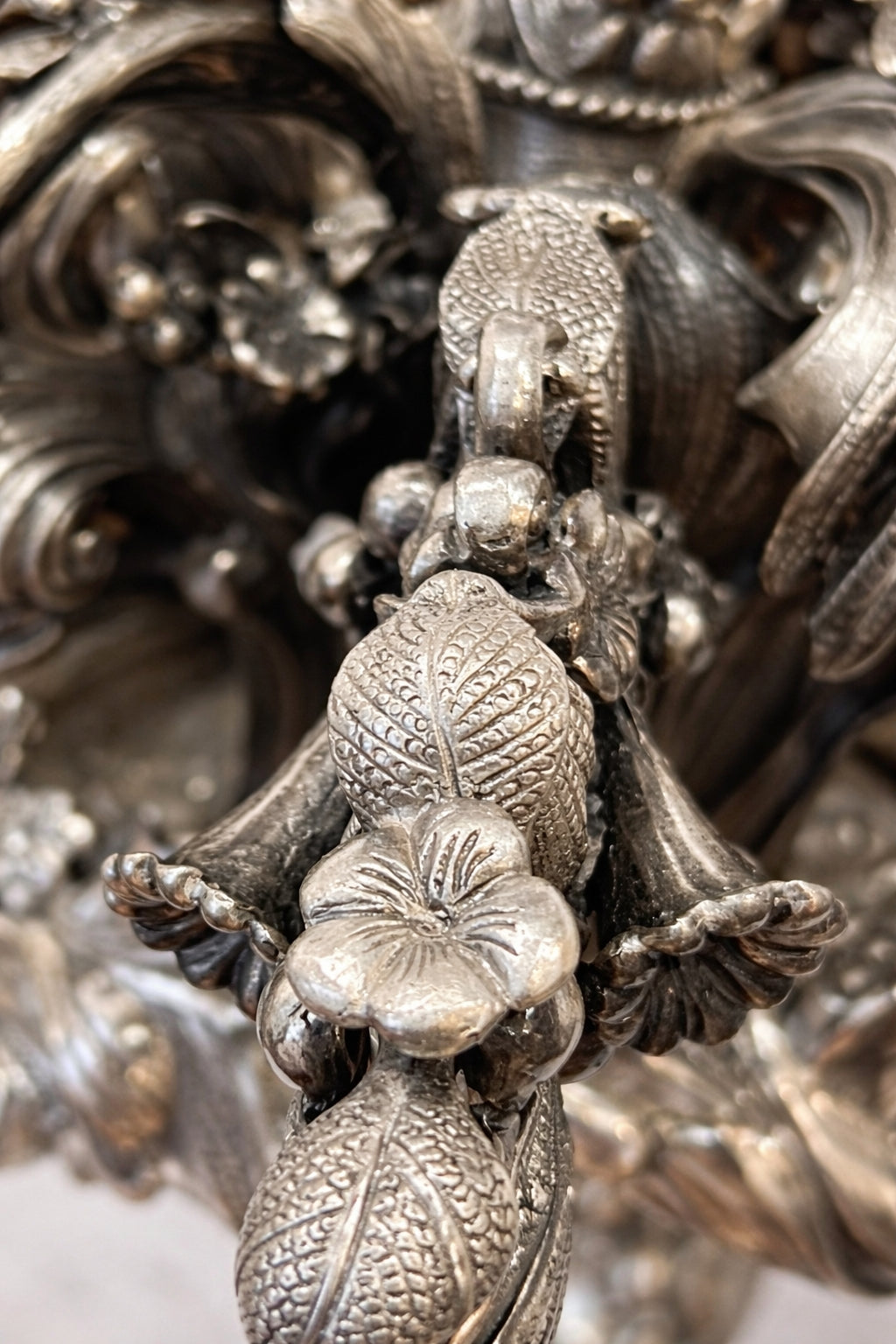 Hand hammered sterling silver texture detail on luxury candelabra artisanal finish