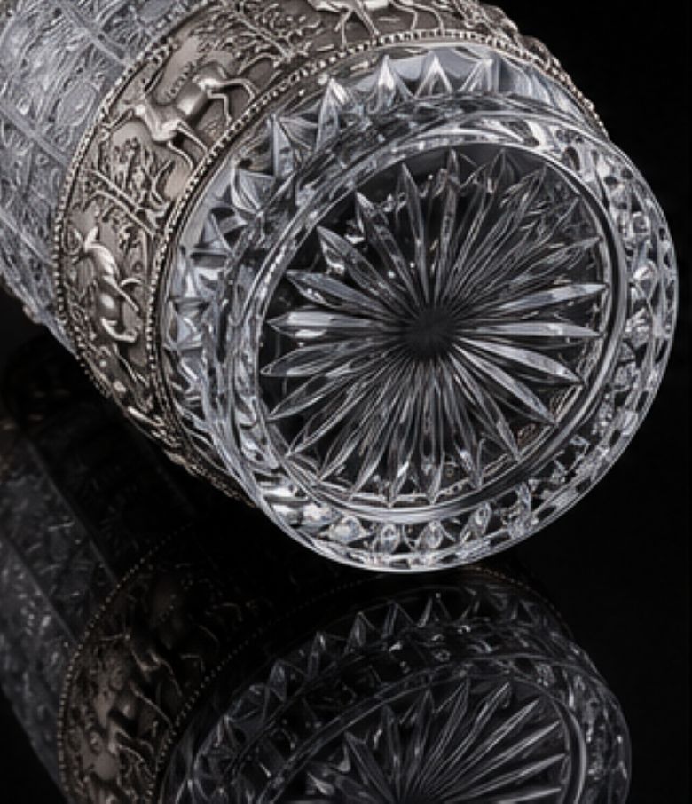 A close-up of a cut crystal tumbler with a detailed silver-toned band featuring engraved animal motifs, set against a reflective black background.