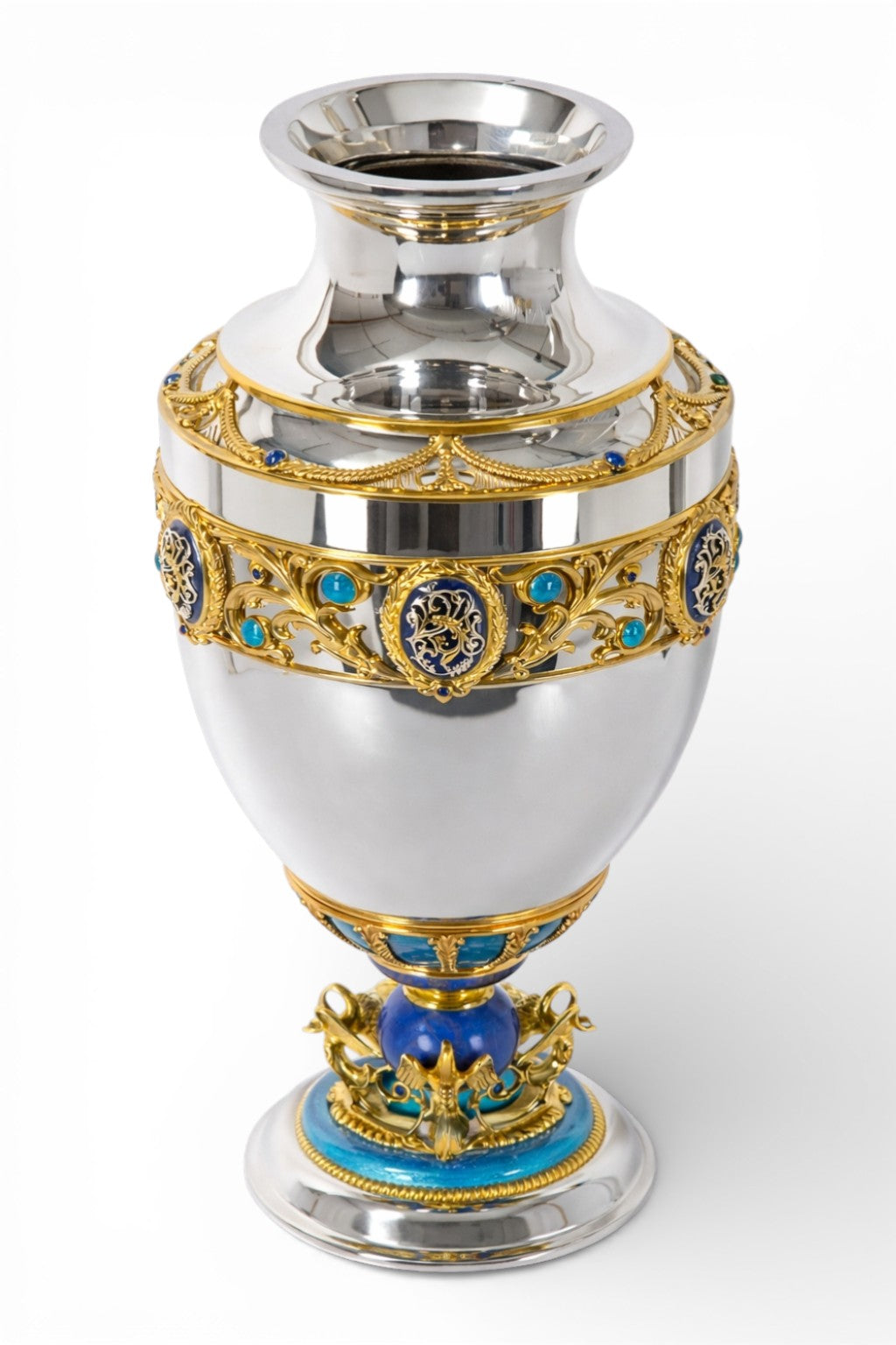 Handcrafted Imperial silver vase with lapis lazuli base and gilded ornament, made to order by Konforti
