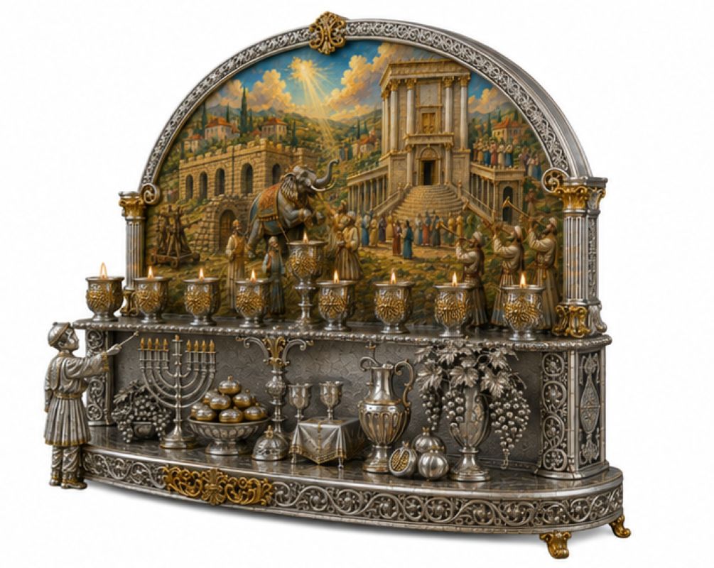 Handcrafted sterling silver Hanukkah menorah with nine candle holders, 24K gold gilding and biblical oil painting