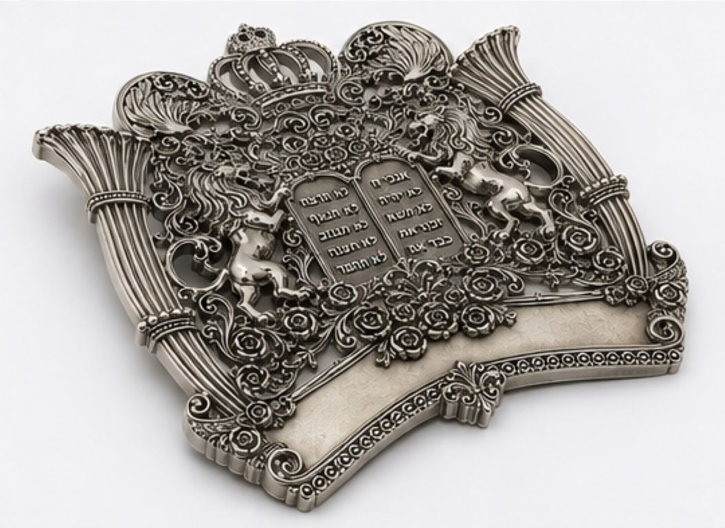 Museum-style sterling silver Torah shield with heraldic lions flanking the Tablets of the Law, surrounded by roses, scrolling foliage, and royal crown ornamentation.