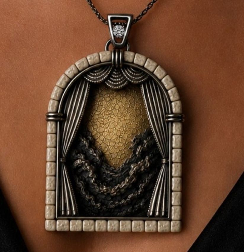 Close-up of handcrafted Day 1 Creation pendant worn on a necklace, showcasing detailed silver curtain motifs, Jerusalem stone frame, textured 24K gold background, and symbolic biblical imagery.