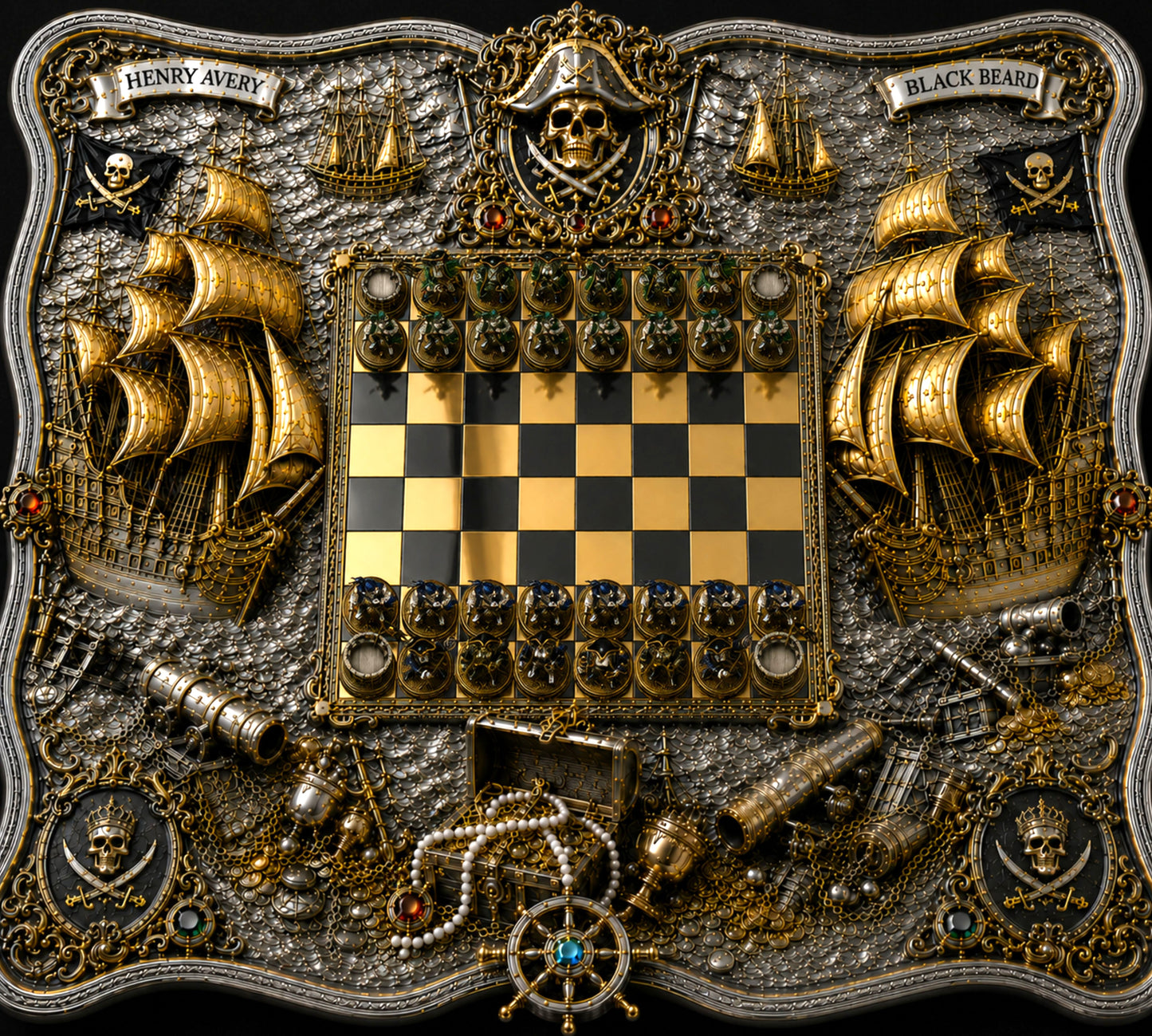 Henry Avery vs Blackbeard luxury pirate chess set in sterling silver, 24K gold and enamel