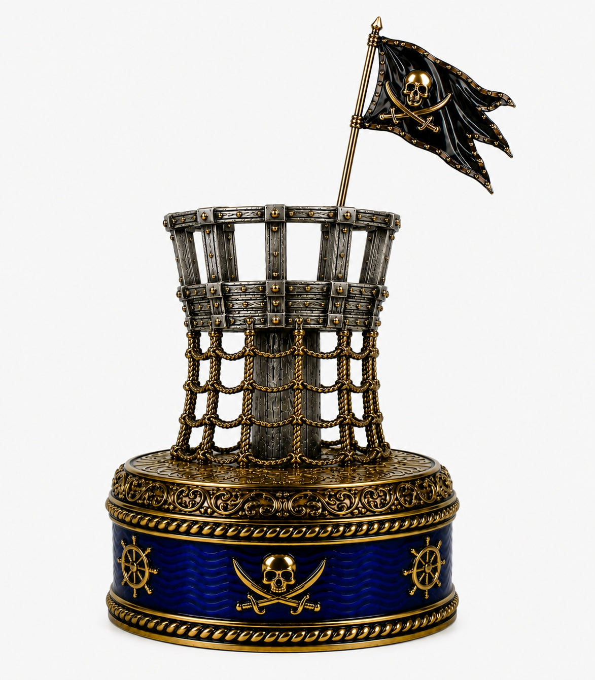 Henry Avery crow's nest Rook chess piece in sterling silver with pirate flag and blue enamel base