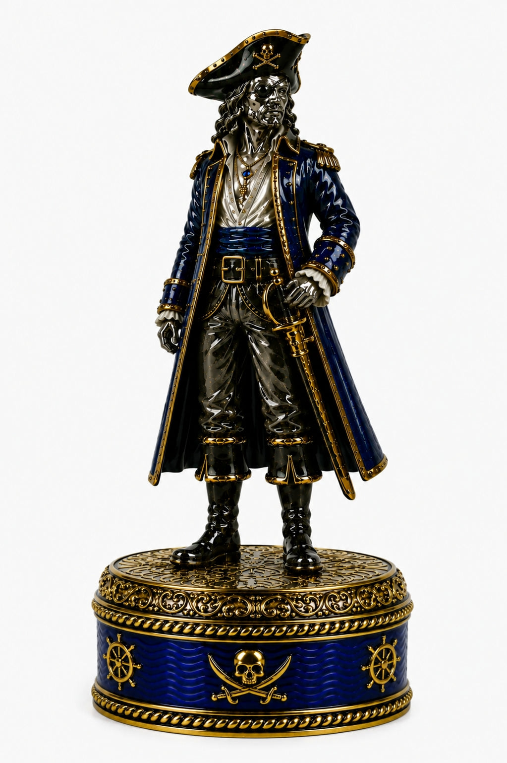 Henry Avery Bishop pirate chess piece handcrafted in sterling silver, blue enamel and gold