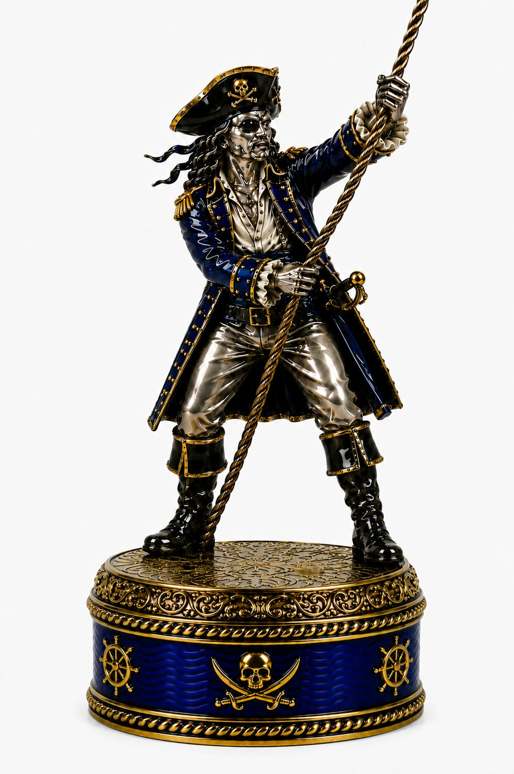 Henry Avery Knight pirate chess piece in sterling silver and blue enamel holding ship rope