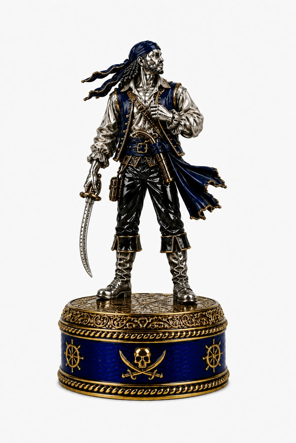 Henry Avery pirate Pawn chess piece in sterling silver with blue enamel and 24K gold details