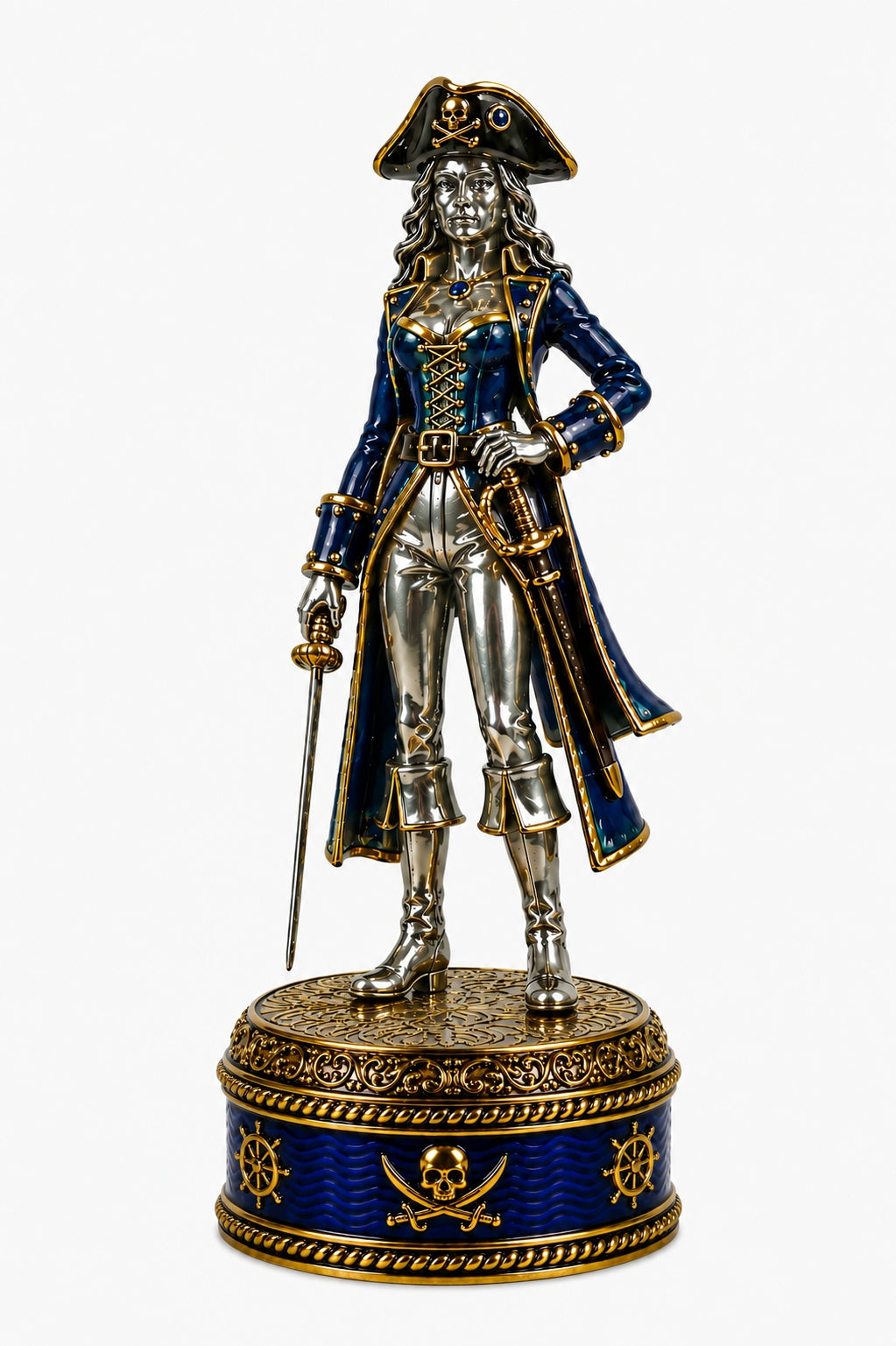 Henry Avery Queen sterling silver pirate chess piece with blue enamel and gold details
